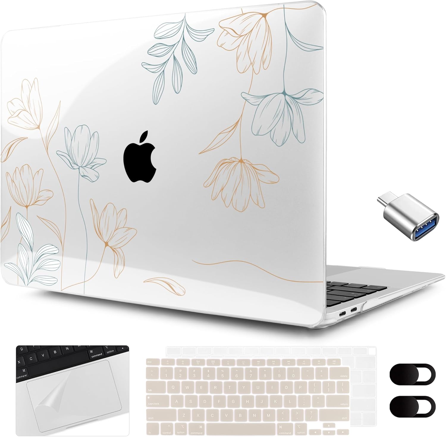 MEEgoodo for MacBook Air 13.3 inch Case 2021 2020 2019 2018 A2337 M1 A2179 A1932, Clear Case for MacBook Air M1, Hard Shell with Keyboard Webcam Cover & Trackpad Film & Type C Adapter,Engraving Floral