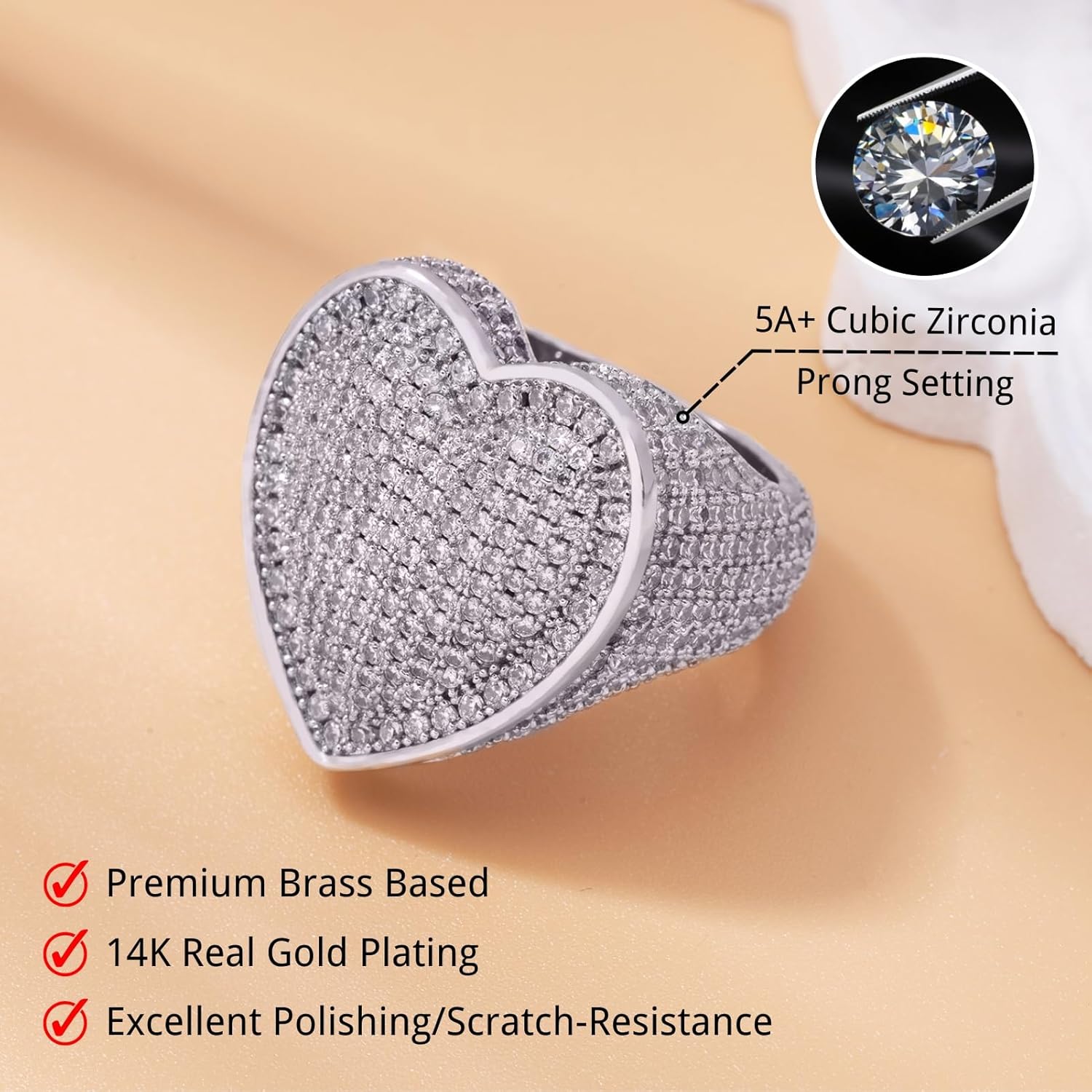 Iced Out Jewelry 5A Cz Stones Shiny Baguette Heart Engagement Gold Luxury Diamond Ring, Hip Hop Bling Bling 18K Gold Plated Party Pinky Ring Men Women - Image 3