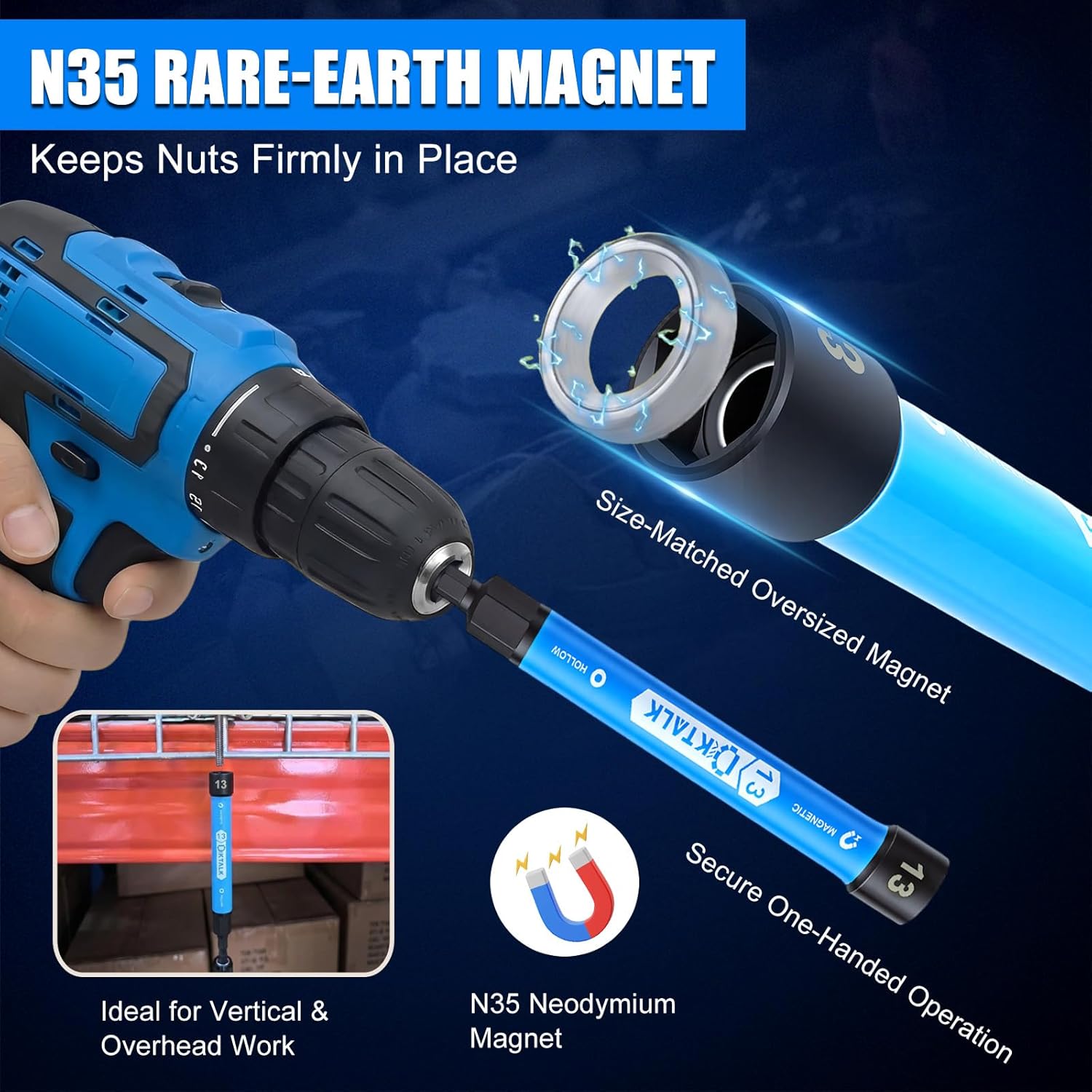 Magnetic Hollow Impact Nut Driver Set, 6-Piece Hollow Shaft Power Nut Driver, 5-Inch Extended Reach for Long Bolts & Threaded Rods, Color-Coded, Impact Rated, Metric Size