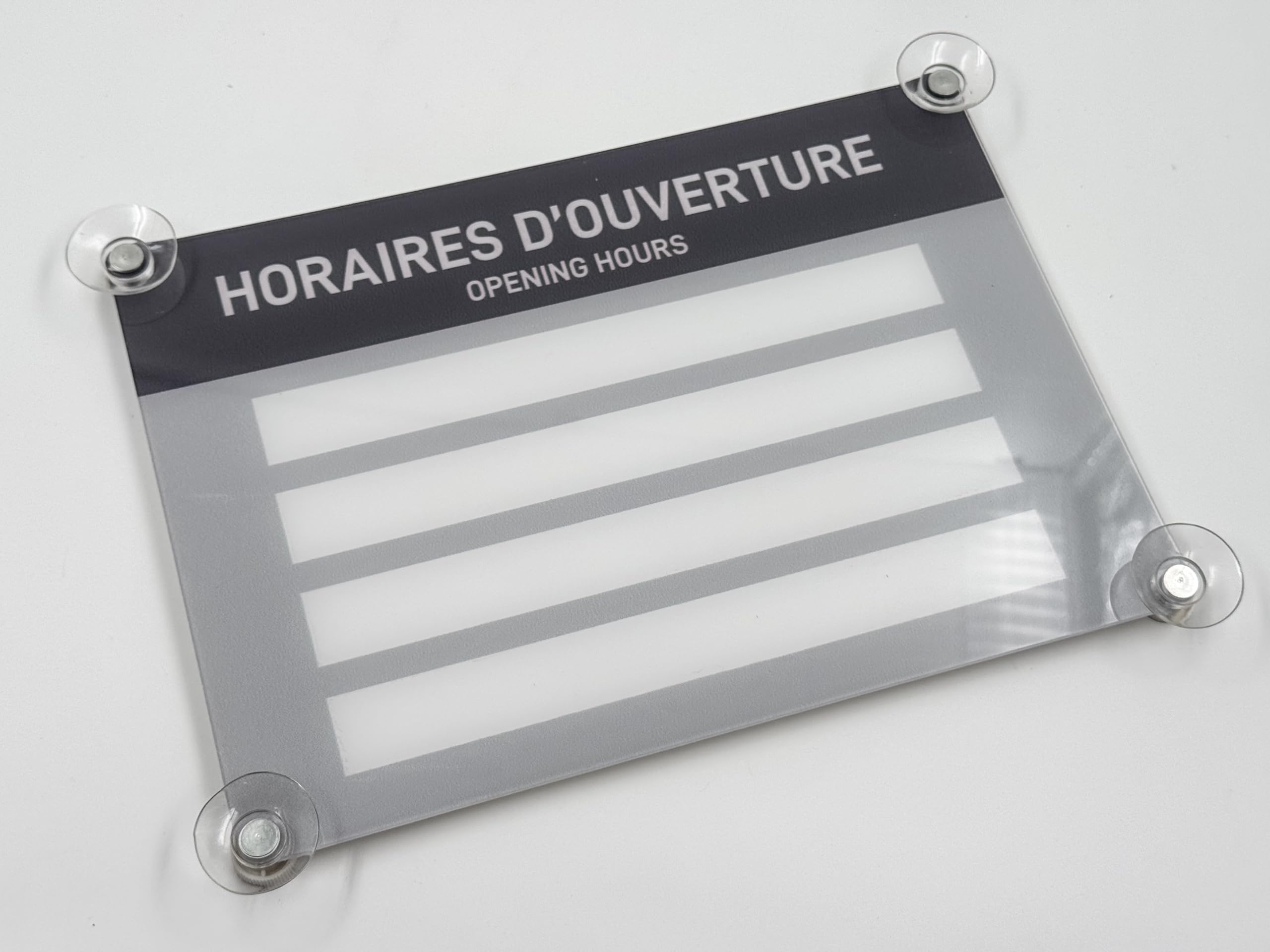 codiarts - Panneau horaires d'ouverture avec ventouses - 19 x 27 cm - En verre acrylique - Plaque de fenêtre inscriptible individuellement - Pour les magasins et les bureaux en français