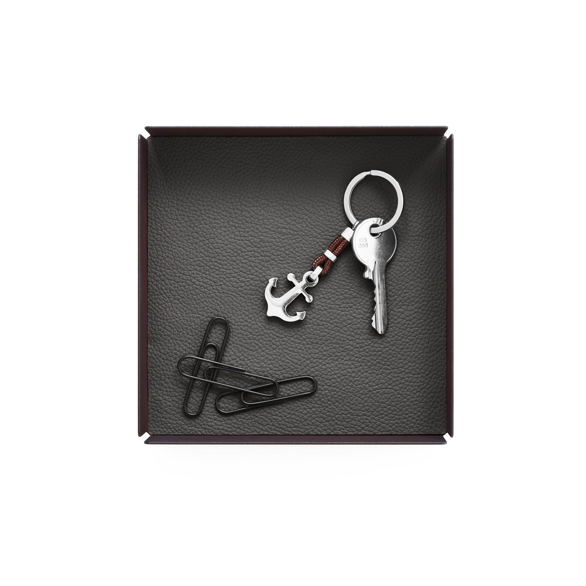 Eglooh - Dafne - Svuotatasche Design Moderno Acciaio Nero Opaco - Fondo Interno in Vera Pelle Grigio Antracite - Organizer Scrivania, Vassoio Portaoggetti - cm 14,5 x 14,5 x H.4 - Made in Italy