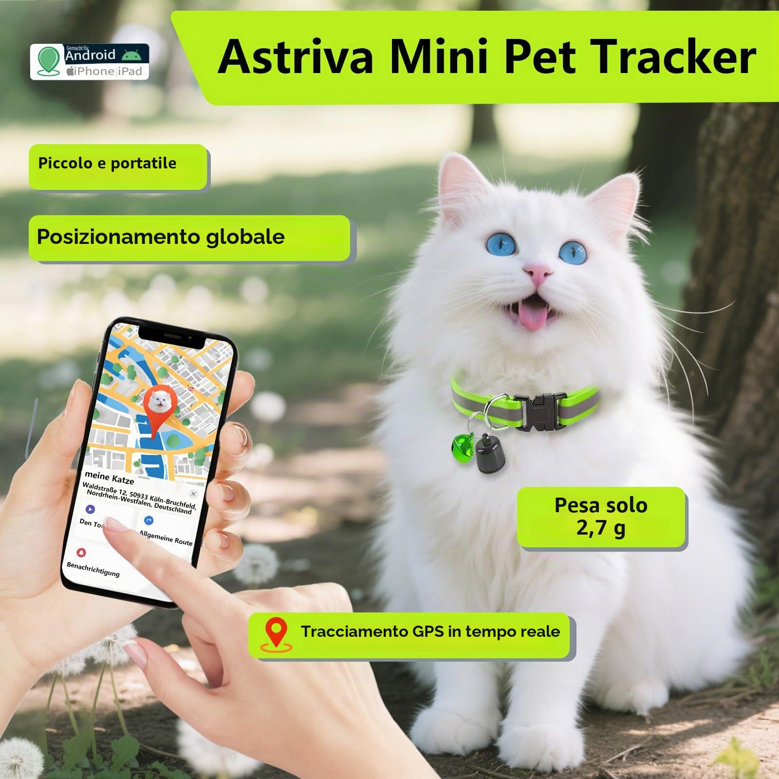Tracciatore GPS per gatti, compatibile con iOS e Android, monitoraggio della posizione in tutto il mondo, tracker GPS senza ABO, mini localizzatore per gatti