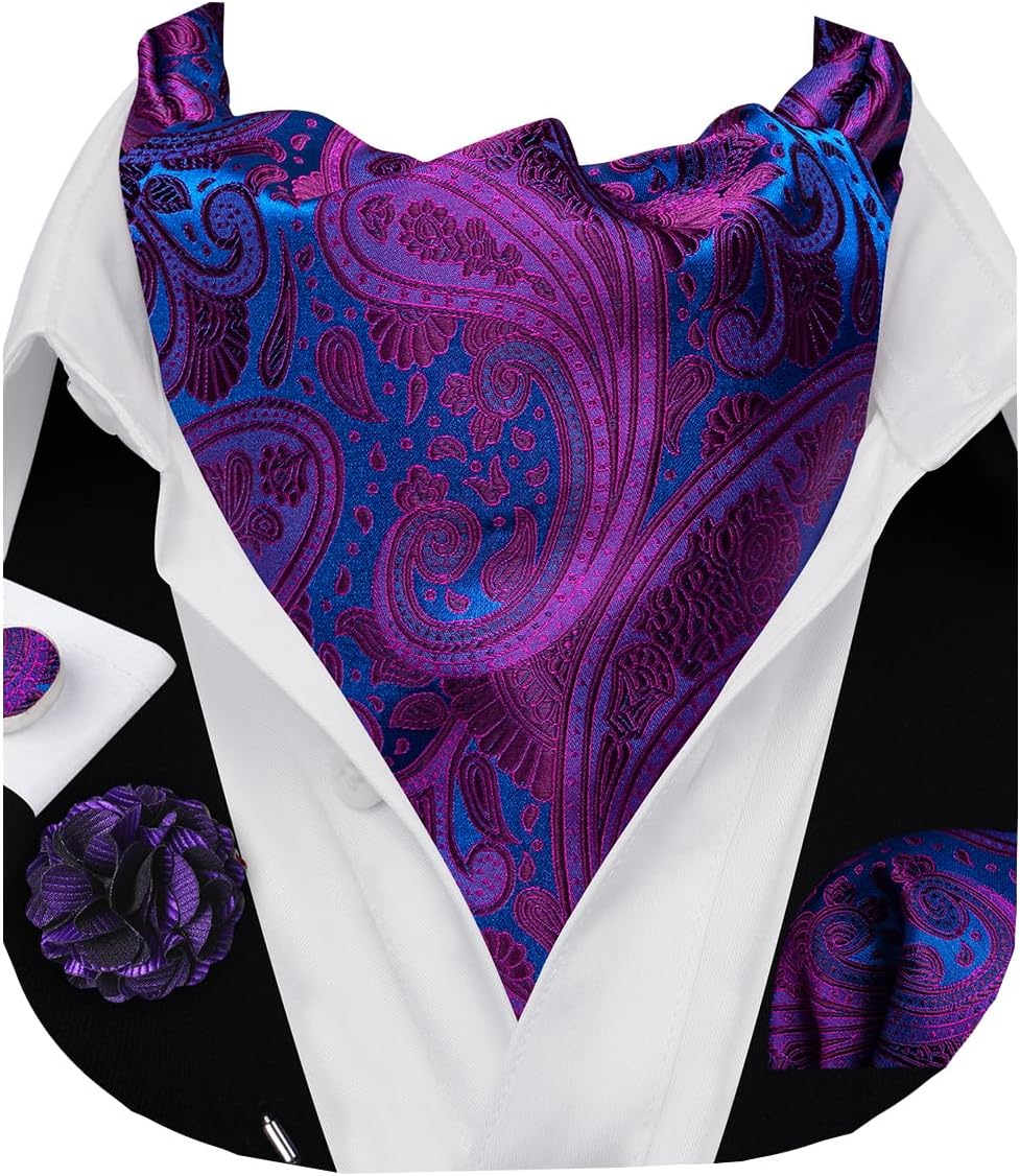 Barry.Wang Men Paisley Cravats Self Tie Set Solid color Silk Ascot Tie & Pocket Square Cufflink Set Party Classic Floral Wedding Business