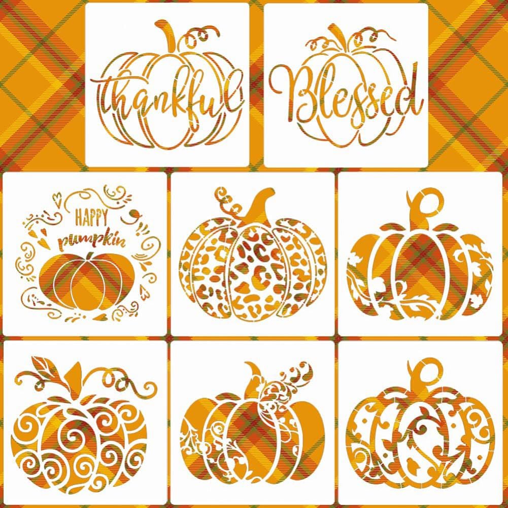 Paquete de 8 plantillas de pintura de calabaza para pintar sobre madera, plantillas temáticas de otoño de Acción de Gracias de 8 pulgadas con citas de cosecha, plantillas de PET