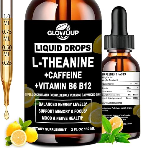 Paquete de 2 gotas líquidas de cafeína L teanina para mujeres y hombres, cafeína energética con L-teanina 100 mg de vitamina B12 B6, suplemento