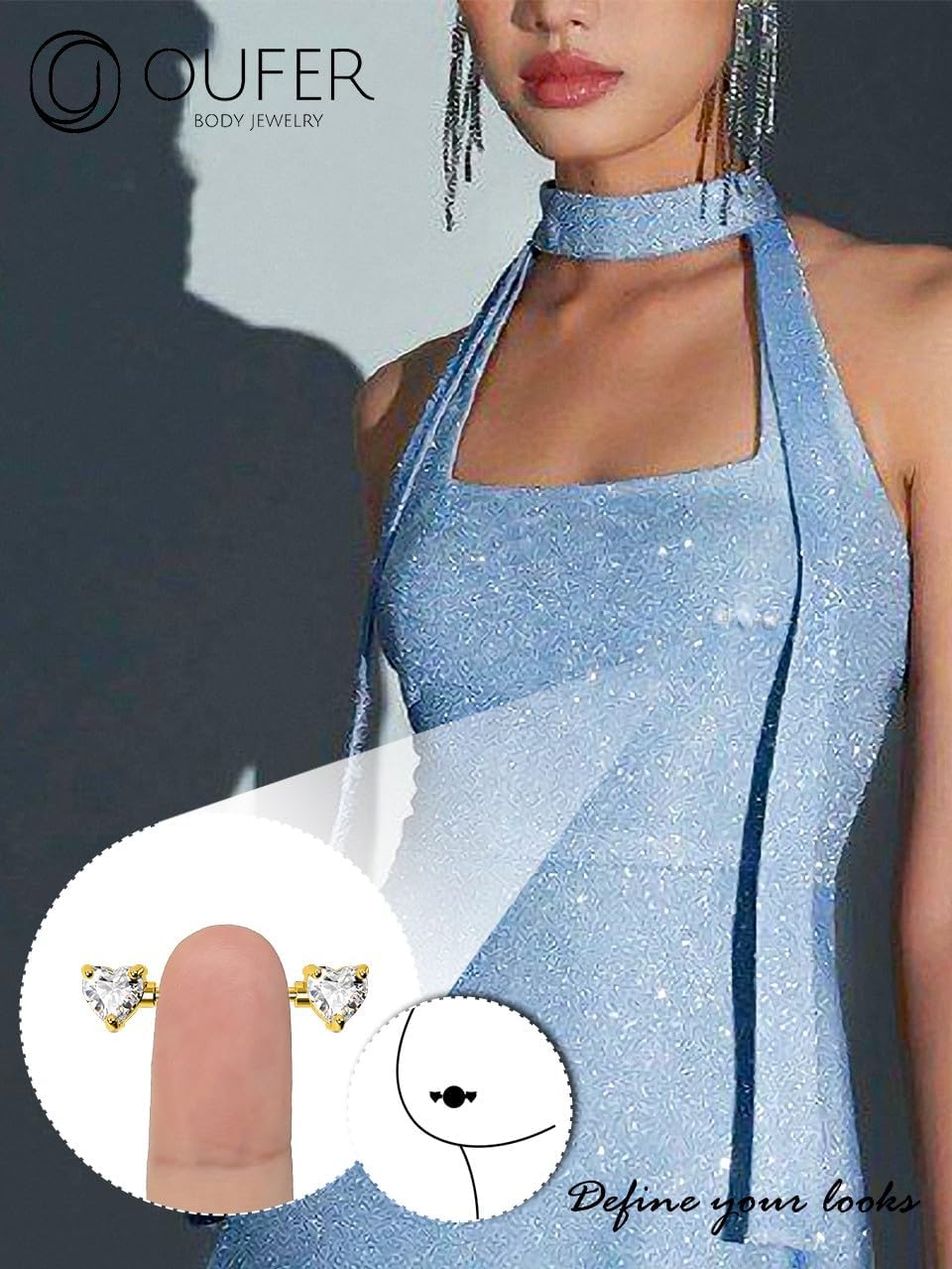 OUFER Titanium Heart Nipple Rings, Clear CZ Bars, 14G Piercing Jewelry for Women Sexy