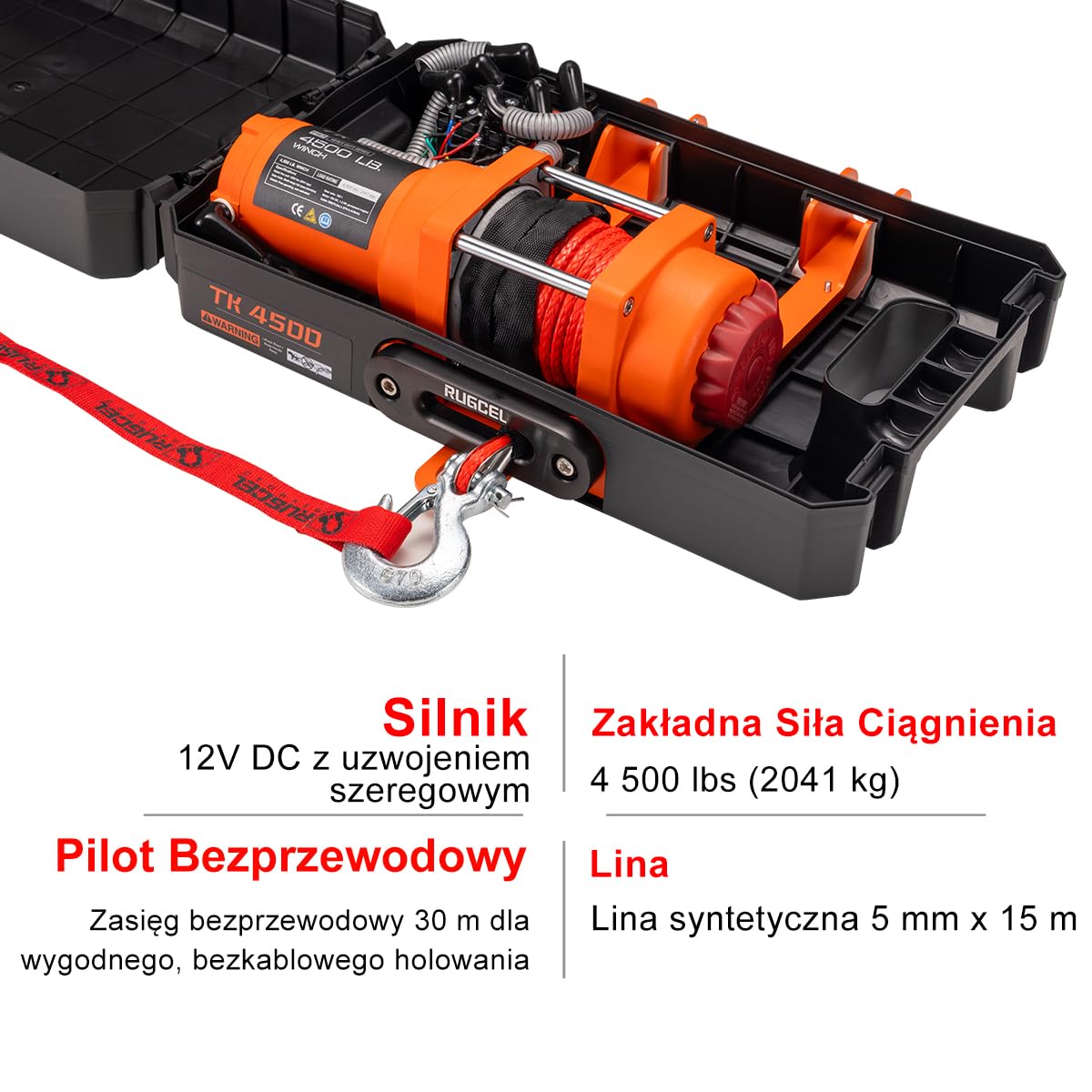 RUGCEL WINCH Elektryczna przenośna wciągarka użytkowa 12 V DC, 4500 lb/2041 kg, pojedyncza linia, ze stalową płytą montażową, zintegrowana prowadnica Hawse i syntetyczna lina, pilot zdalnego