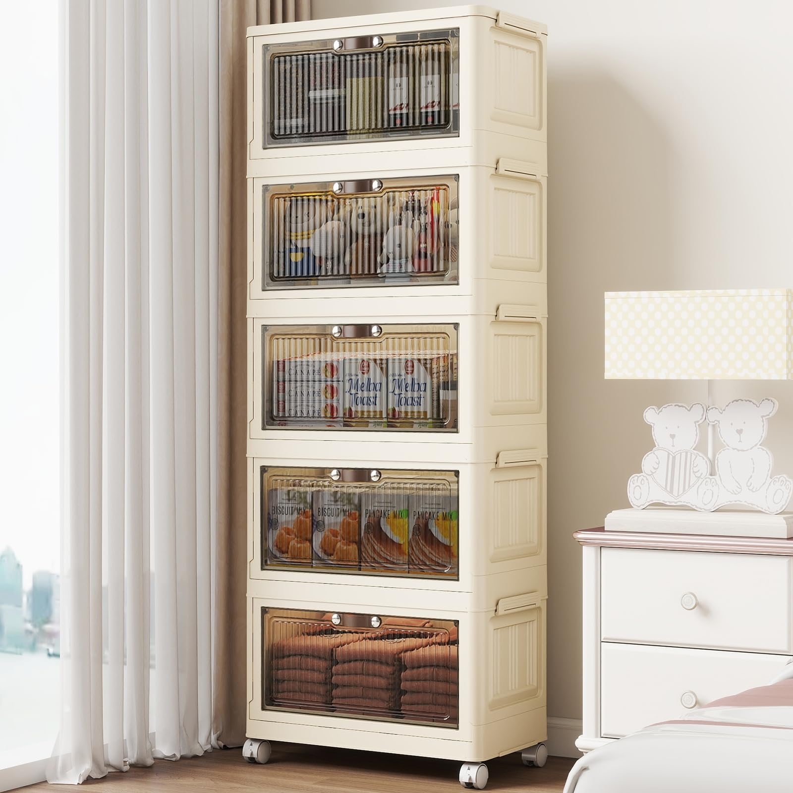 5 tier - 34qt storage bins with lids, collapsible storage bins with doors and wheels, plastic storage cabinet for easy storage and organization for living room, office