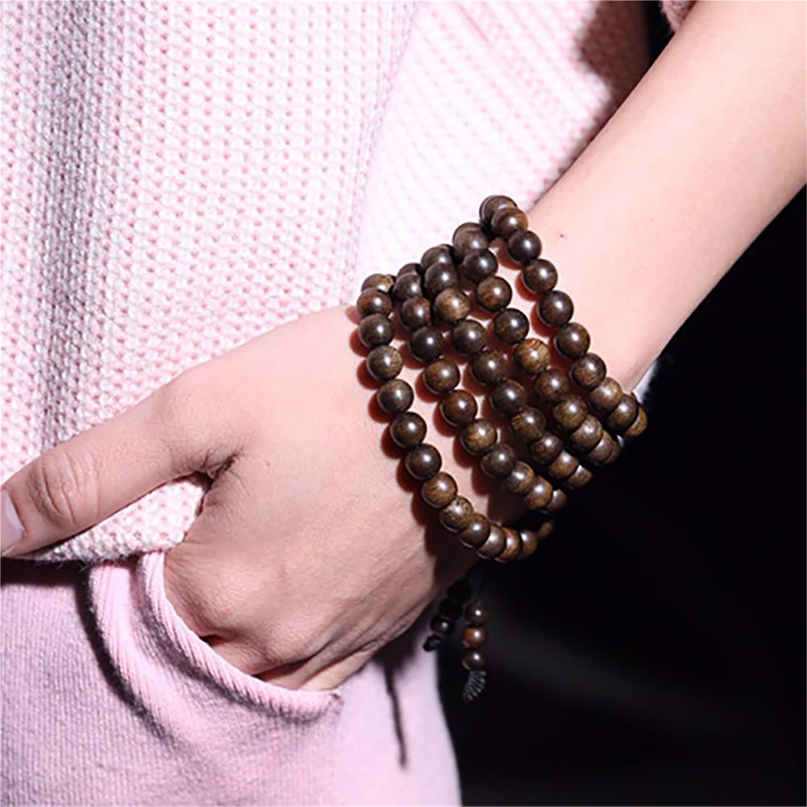 Pulsera unisex de madera de agar natural de 8 mm, 108 cuentas, hecha a mano, de sándalo, para meditación y relajación