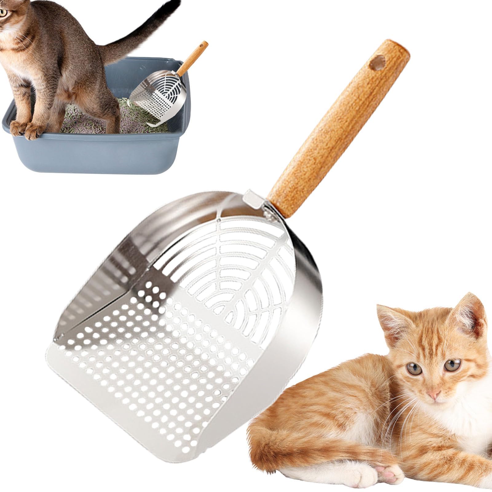 Paletta per lettiera, Accessorio ergonomico for Animali Domestici in Acciaio Inossidabile con Manico Lungo for casa, Viaggi e Interni(Stainless Steel Round Hole Style)