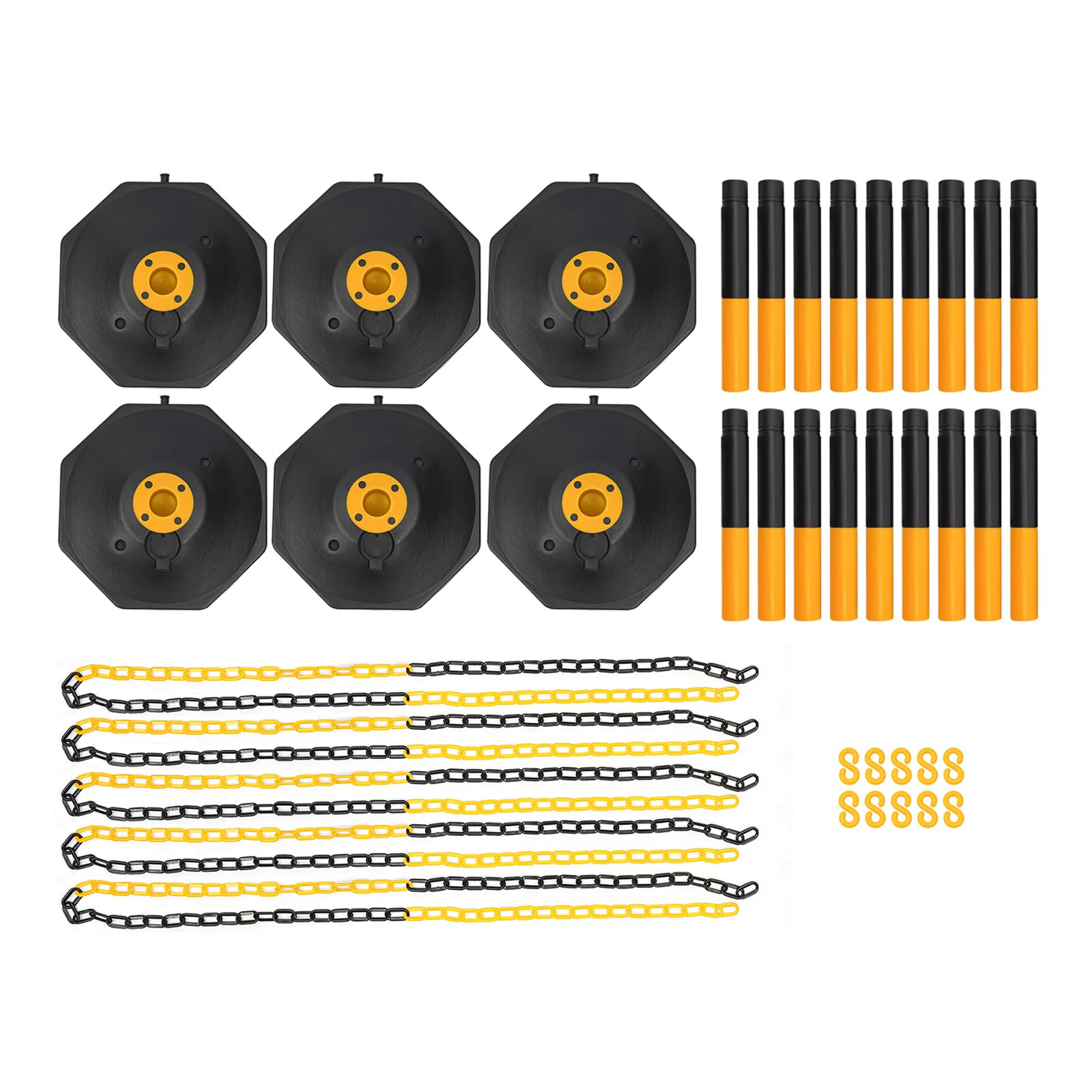 6 postes de cadena de plástico, con 5 cadenas de barrera de 200 cm, altura ajustable, postes de advertencia con soporte para control de tráfico, color amarillo y negro
