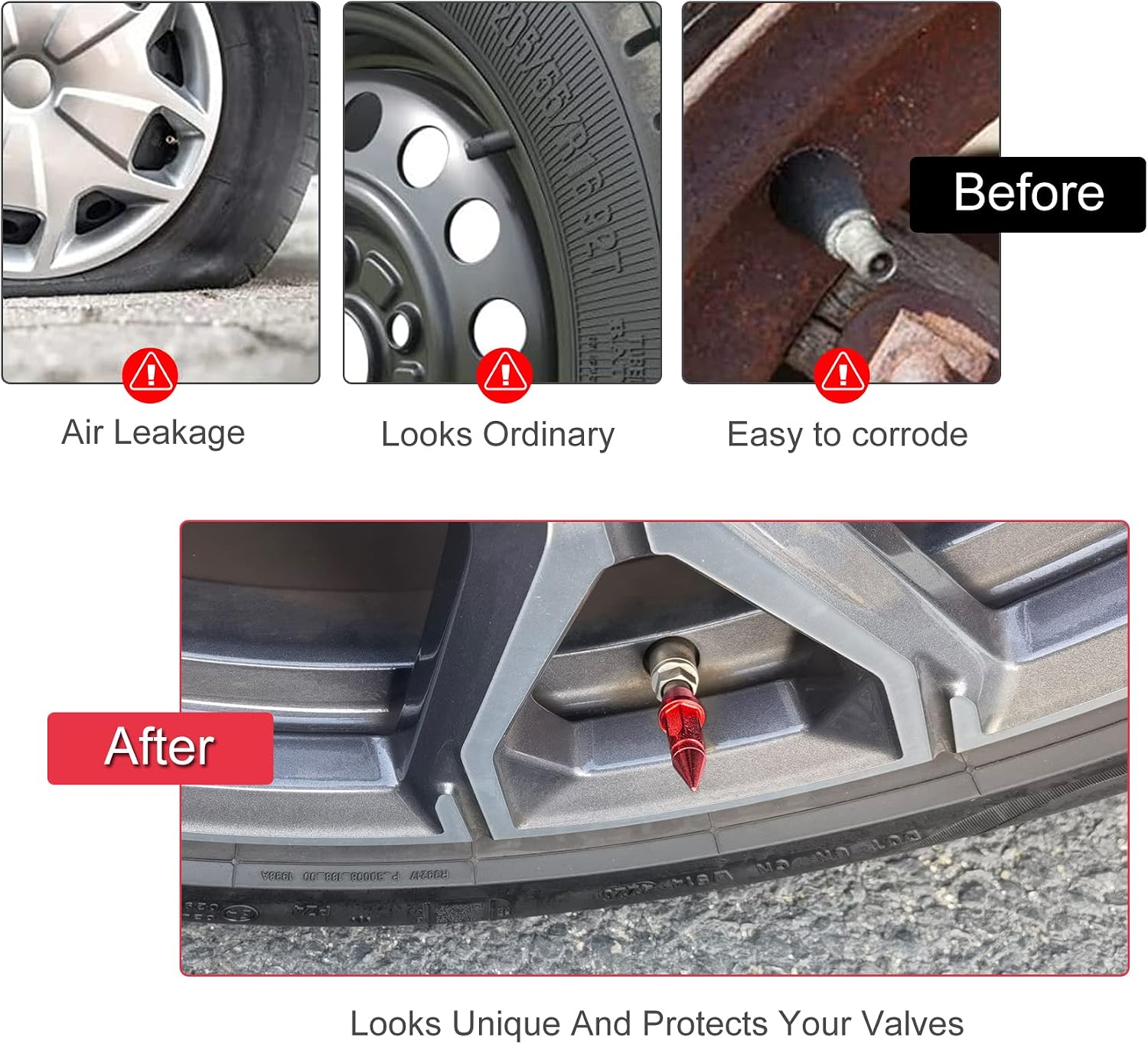 SINGARO 45mm Spiked Aluminum Stem Valve Caps,4PCS Dustproof Tire Wheel Stem Caps for Cars,SUVs,Trucks Bicycles and Motorcycles(Red)