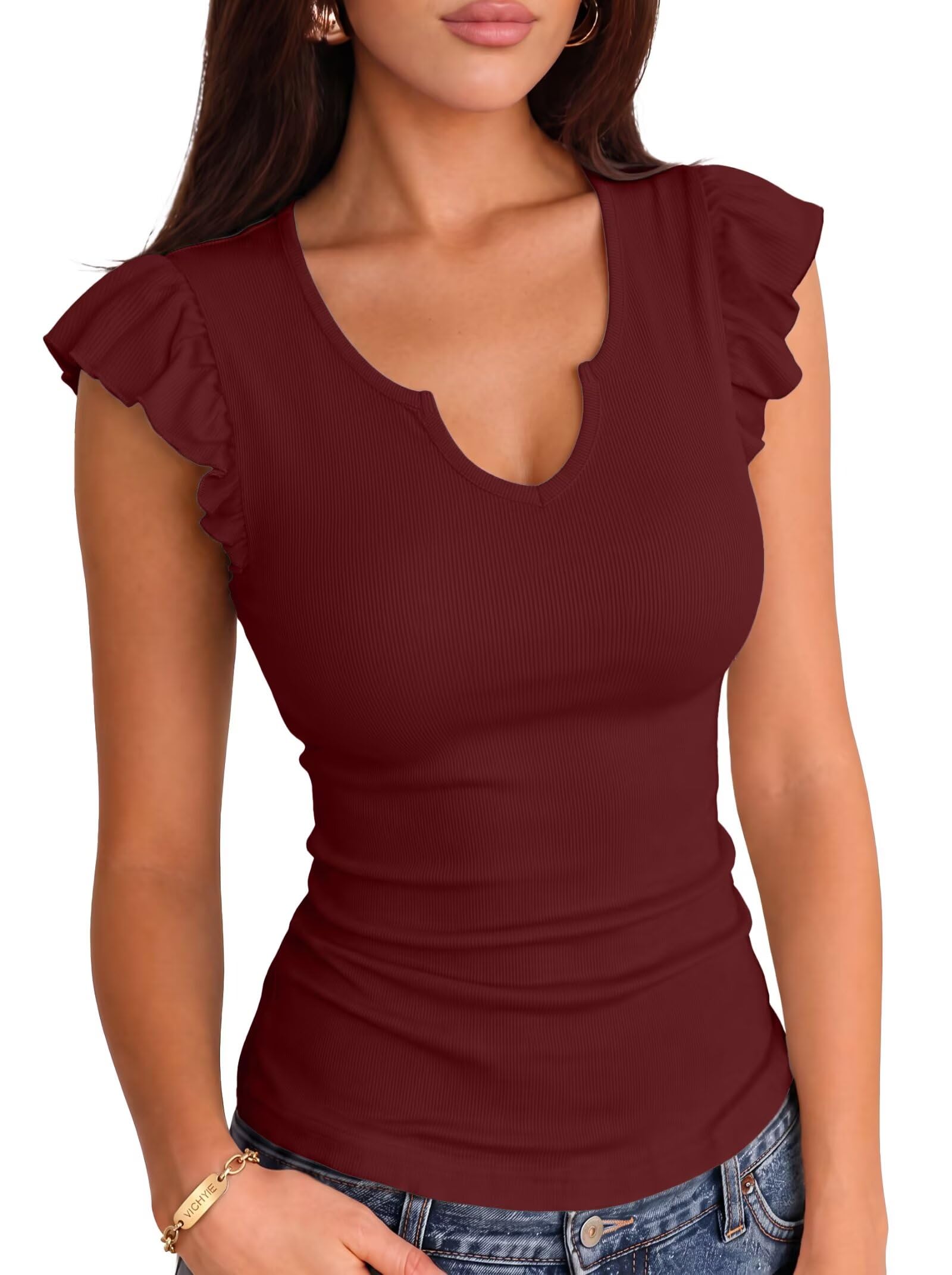 VICHYIE Summer Women Ruffle Cap Sleeve Pretty Fitted Shirt