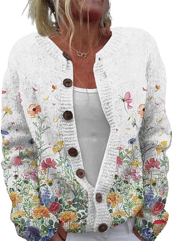 Floral Print Button Down Sweater Long Sleeve Crewneck Chunky Cardigan Sweaters for Women Knit Casual Fall Sweaters