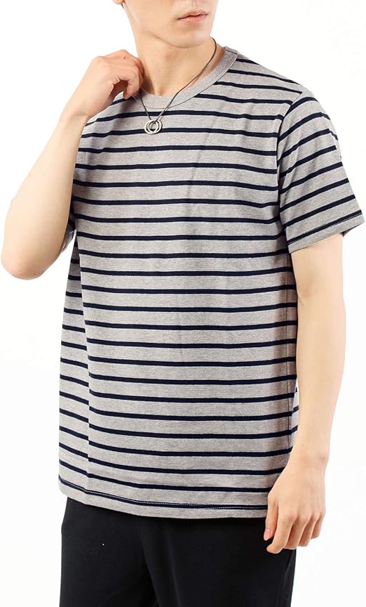 Amazon トップイズム ボーダー Tシャツ メンズ 半袖 ヘビーウェイト 綿100 コットン 天竺 クルーネック パネル ボーダー カットソー Tシャツ カットソー 通販