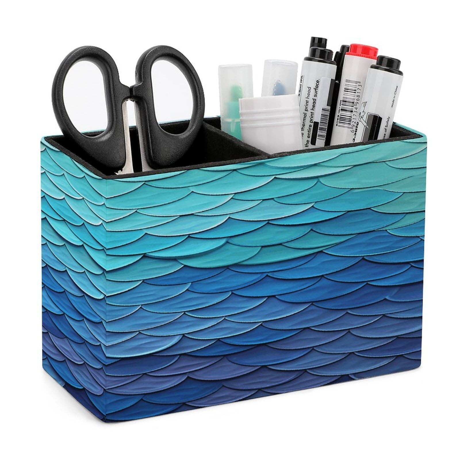 VstaDank Ocean Sea Blue Mermaid Fish Scale Pen Holder Double Compartments Pen Cup Fashion Makeup Brush Holders Leather Pencil Holder for Work Locker Accessories Modern Pencil Cup for Desk Organizer