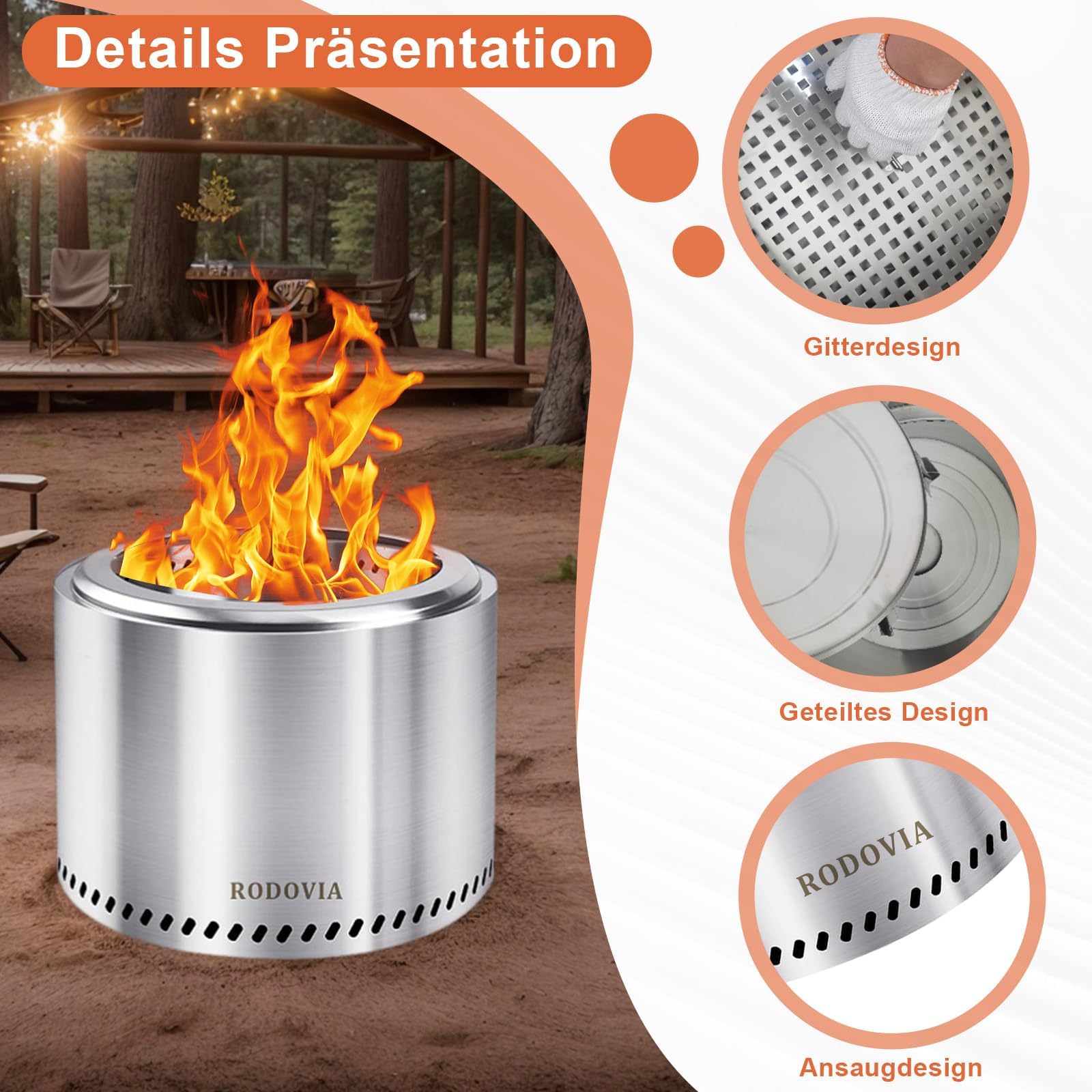 Brasero sans fumée de 50 cm avec sac de rangement, durable et portable, foyer de camping pour feu à bois, bac à cendres amovible, foyer portable pour terrasse, jardin