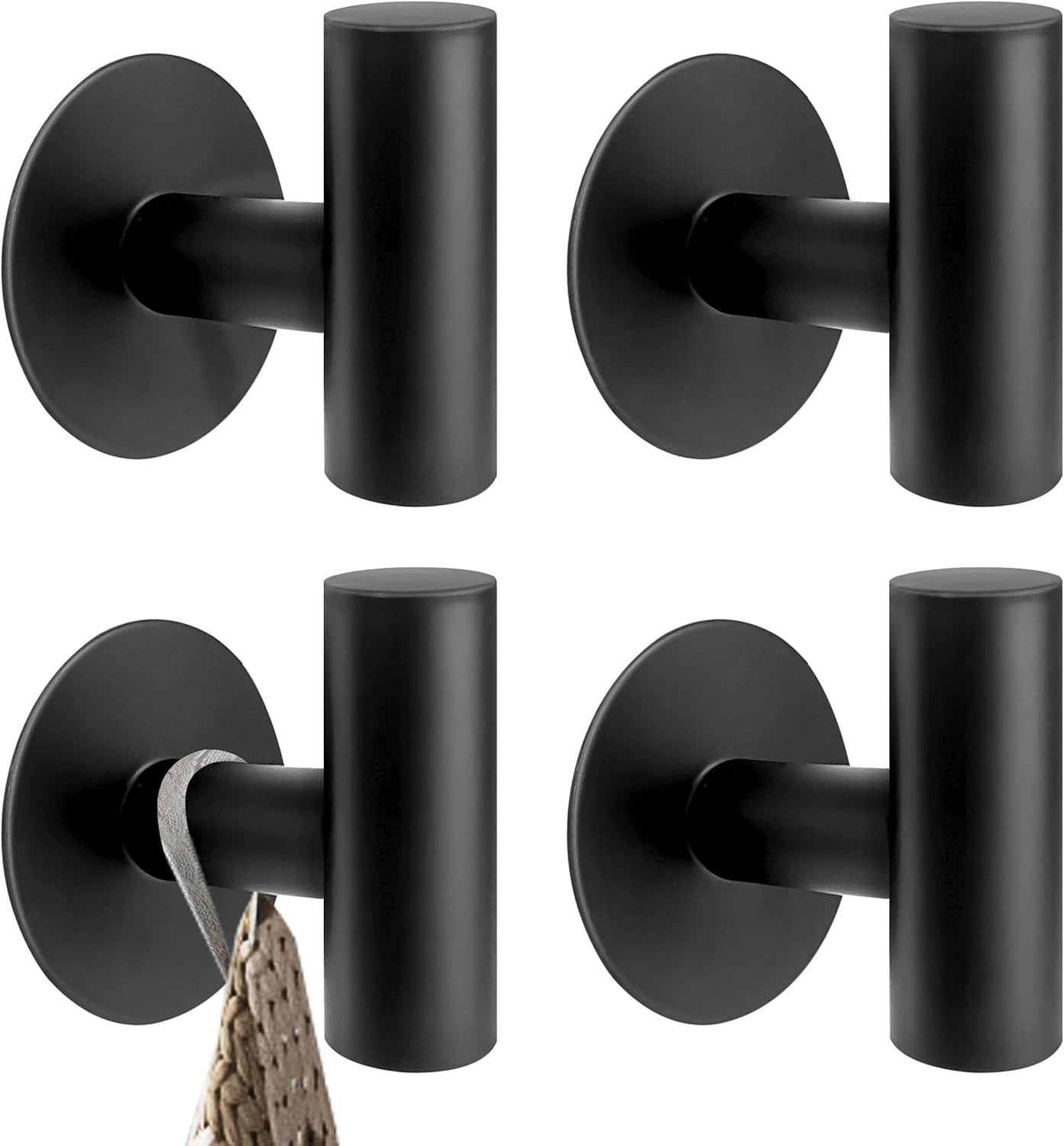 Adhesive Towel Hooks, Black SUS 304 Stainless Steel Hooks, Heavy Duty Waterproof Wall Hooks, Self Adhesive Coat Robe Hooks for Bathrooms Kitchen Wall Mounted (Black, 4 Pcs)