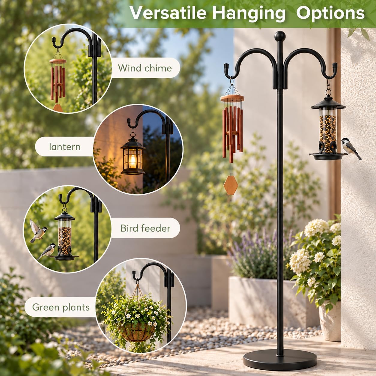 63" Adjustable Double Hook Shepherds Hook Stand with Round Base, Black
