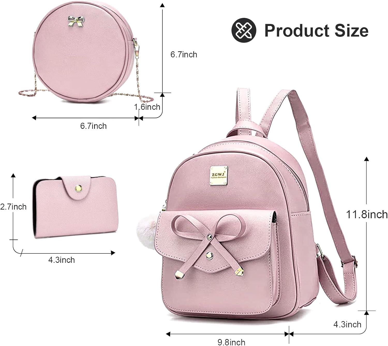 ZGWJ Mini Backpack Purse for Women - 3-Piece Set, Small PU Leather Bowknot Fashion Backpacks, Cute Casual Travel Daypacks - Image 2
