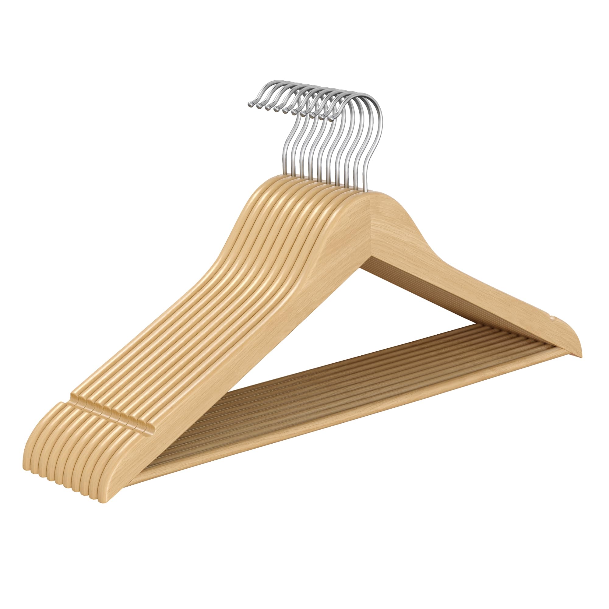SONGMICS Cintres en Bois, Lot de 10, Fins, avec Encoches, Porte-​Pantalons, Crochet Pivotant à 360°, Bois de Bouleau, Gain de Place, pour Haut à Bretelles, Veste, Naturel CRW035KZ01