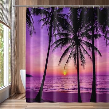 QZJDX Beach Shower Curtain for Bathroom Tropical Palm Tree Summer Ocean Sunset Landscape Decor Polyester Fabric Bath Curtains 60"x70"