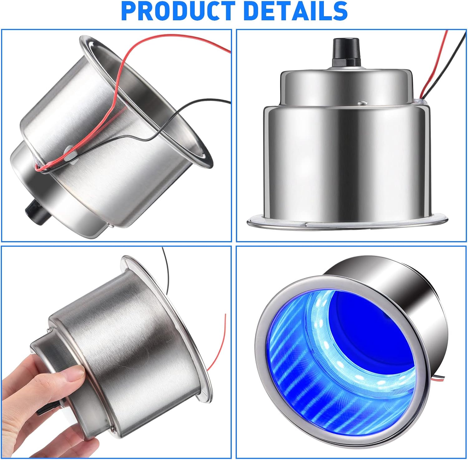 Yexiya 6 Pcs LED Cup Holder Marine Drink Holder Stainless Steel Cup Holders Insert with Drain for Boat Yacht Car Camper Truck RV(Blue)