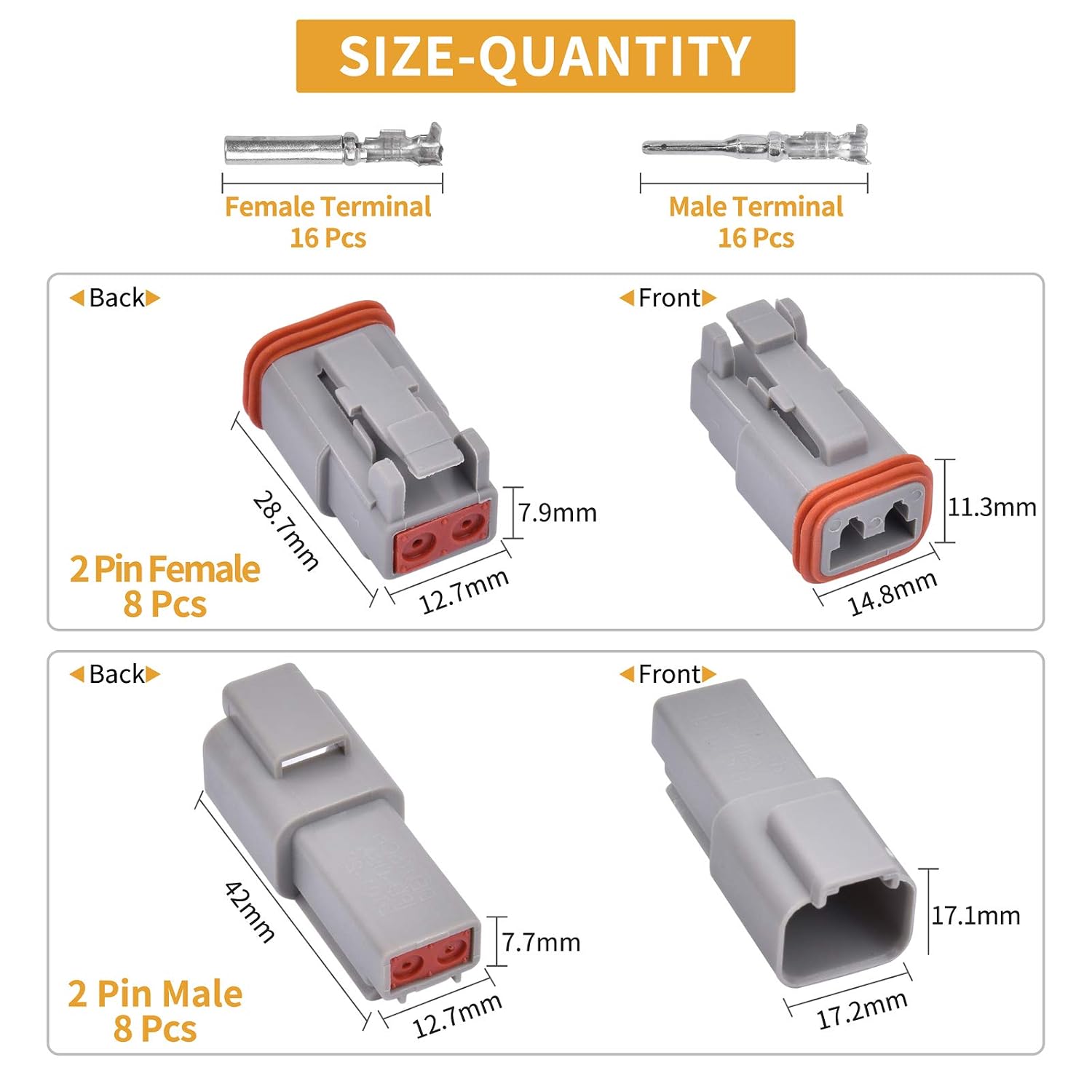 VIGRUE 8 Sets 2 Pin Electrical Wire Connector Plug, 16-20AWG Waterproof Sealed Auto Gray Male and Female Terminal Connectors for Motorcycle,Truck, Car, Boats,Scooter
