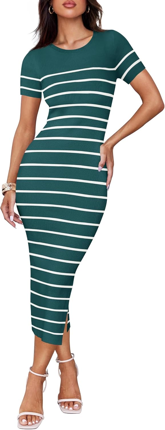 ZESICA Women’s Summer Bodycon Midi Dress 2024 Striped Short Sleeve Ribbed Knit Slim Fit Side Slit T Shirt Dresses ZESICA Women’s Summer Bodycon Midi Dress 2024 Striped Short Sleeve Ribbed Knit Slim Fit Side Slit T Shirt Dresses