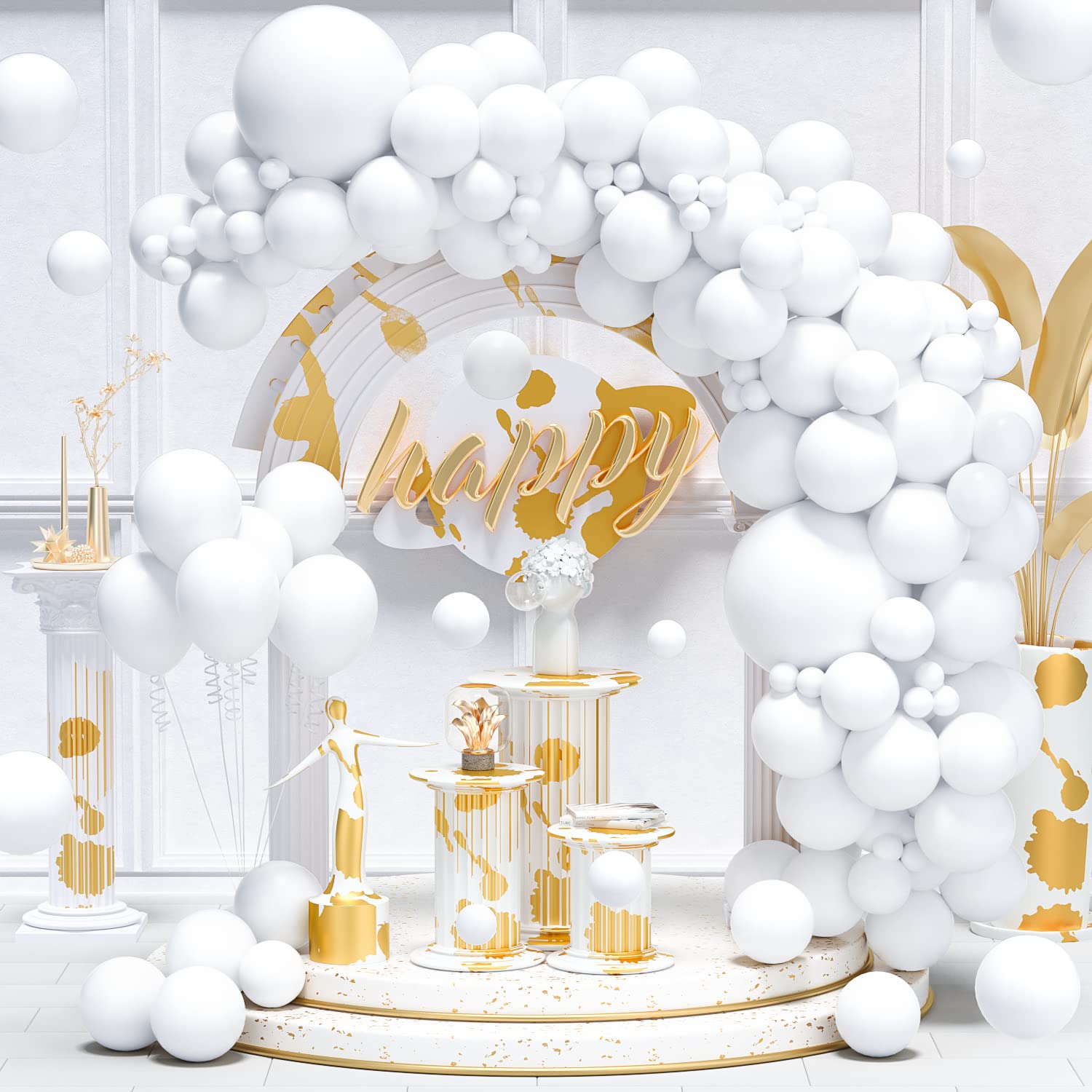 White Balloons Garland Arch Kit,100PCS 18In 12In 10In 5In Arch Garland For Bride Engagement, Wedding, Graduation Anniversary, White Theme Christmas Celebration Decoration With 33FT Ribbon