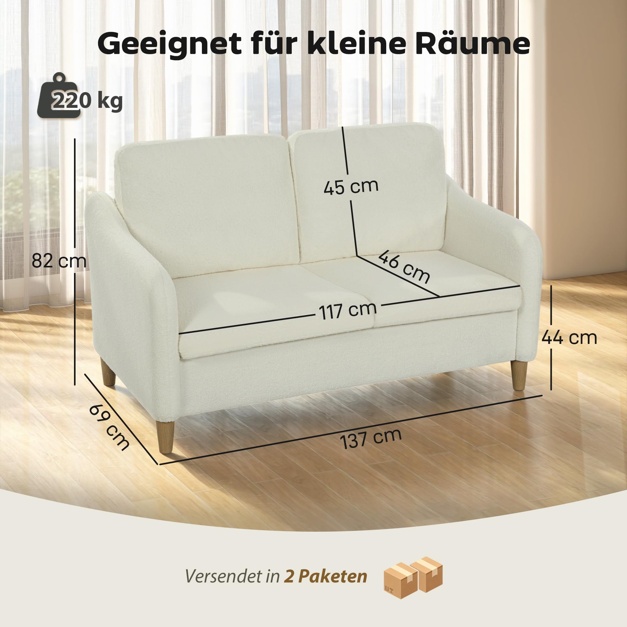 HOMCOM Sofa 2 Sitzer mit Sherpa-Fleece-Optik 137 cm Cremeweiß | Kleine Couch, Dick Gepolstert, Modernes Polstersofa, Doppelsofa, Wohnzimmer, Schlafzimmer