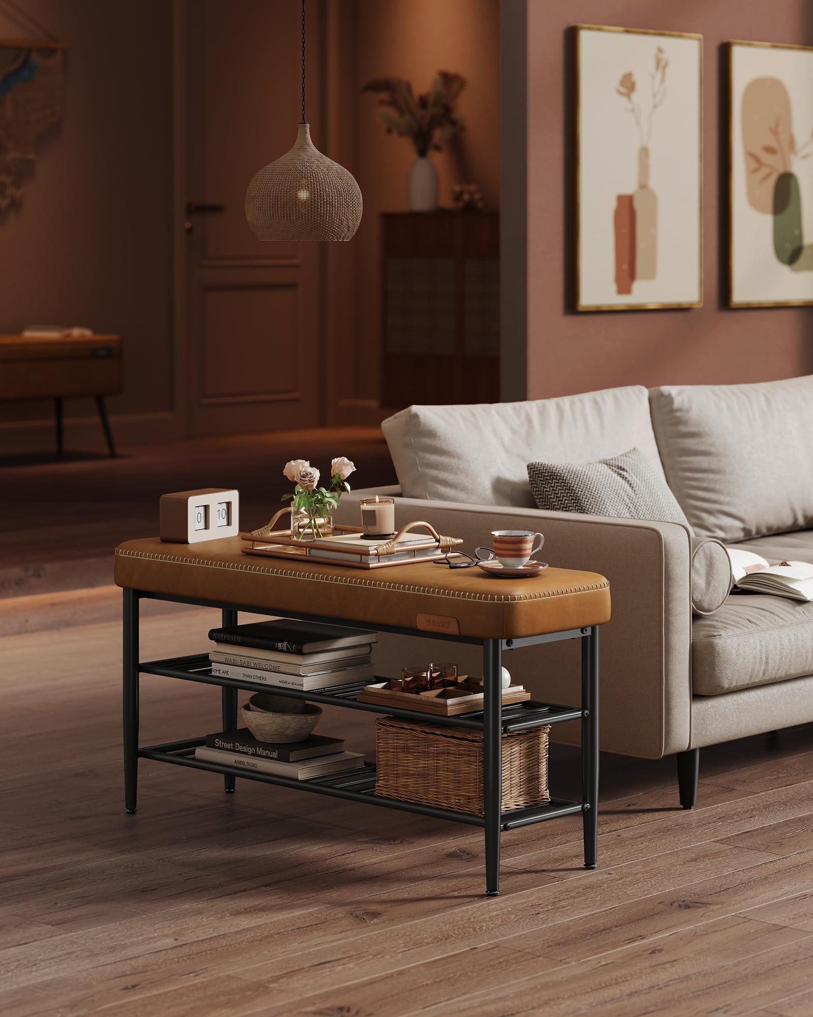 VASAGLE EKHO Kollektion - Schuhbank, Sitzbank, Sitztruhe, Eingangsbereich, Kunstleder, Nähte, Mid-Century-Modern-Stil, modern, bis 135 kg belastbar, 30 x 100 x 50 cm, karamellbraun LSB113K01