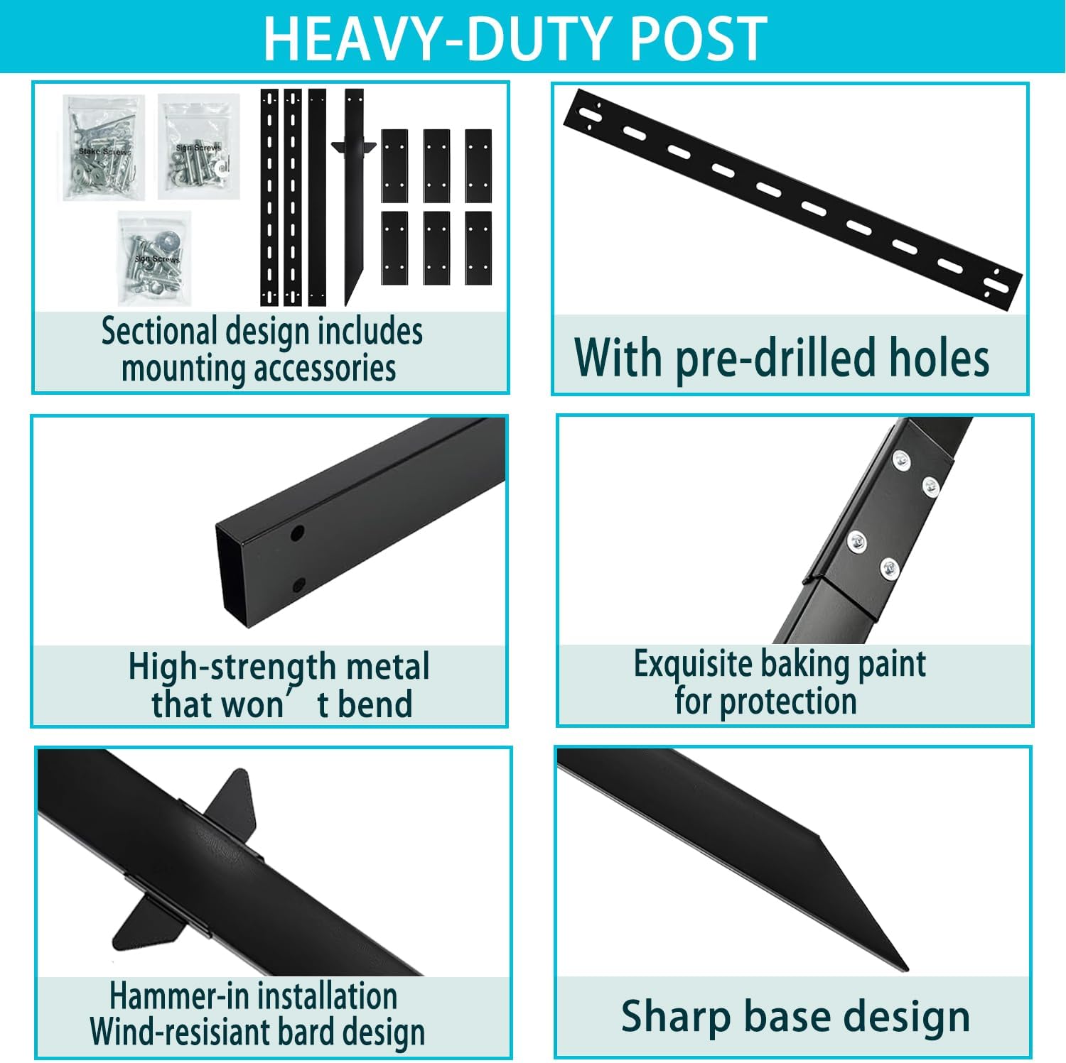 8 Ft Sign Post for Outside, Heavy Duty Yard Signs Stakes, 96 inch Metal Lawn Pole with Holes for Events, Parking, Garage, Bar, Easy Assembly,Rust-Resistant Durable DIY 1Pcs Black