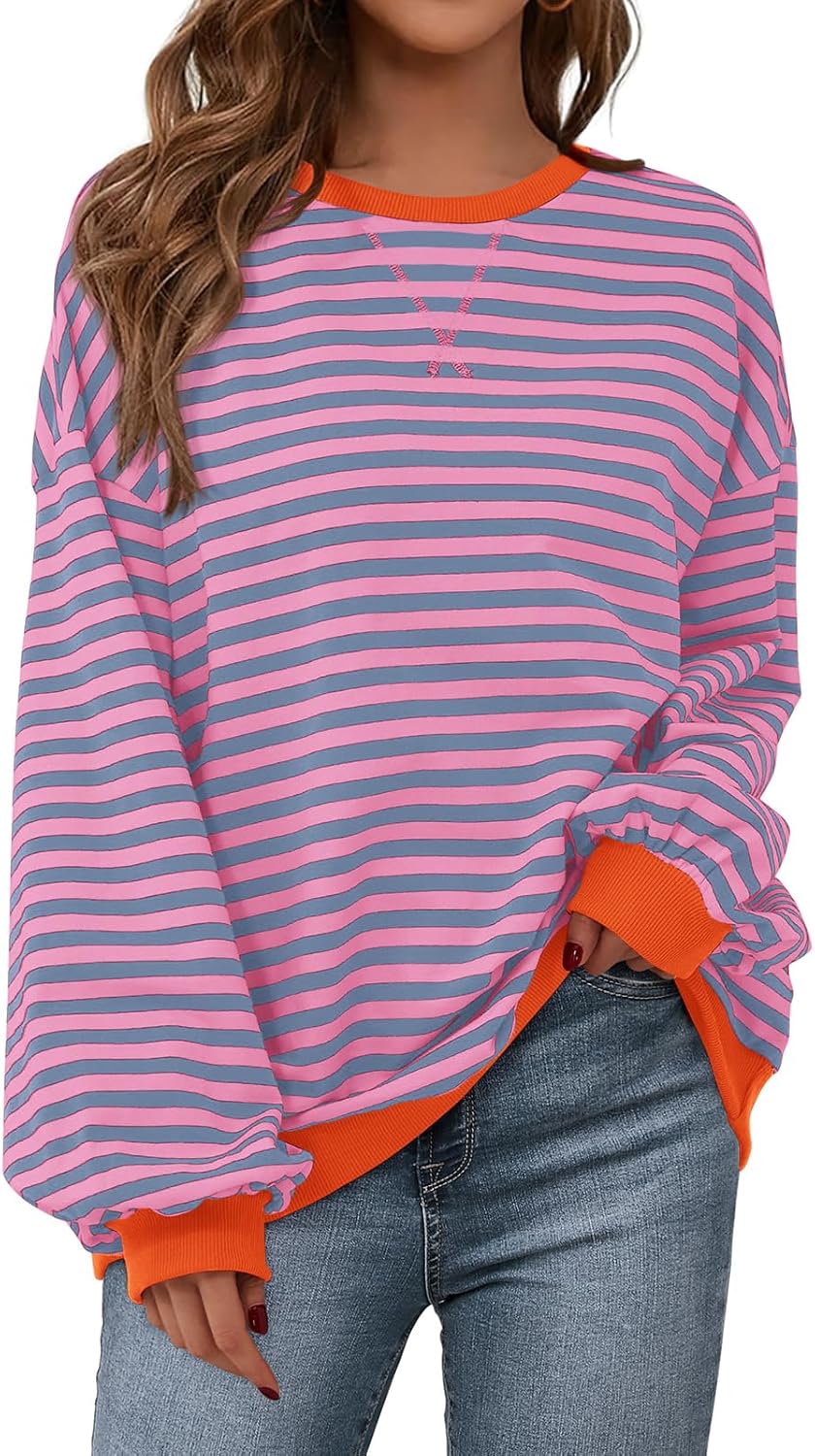 PRETTYGARDEN Womens Striped Oversized Sweatshirt Color Block Crew Neck Long Sleeve Casual Loose Pullover Top Y2K Clothes