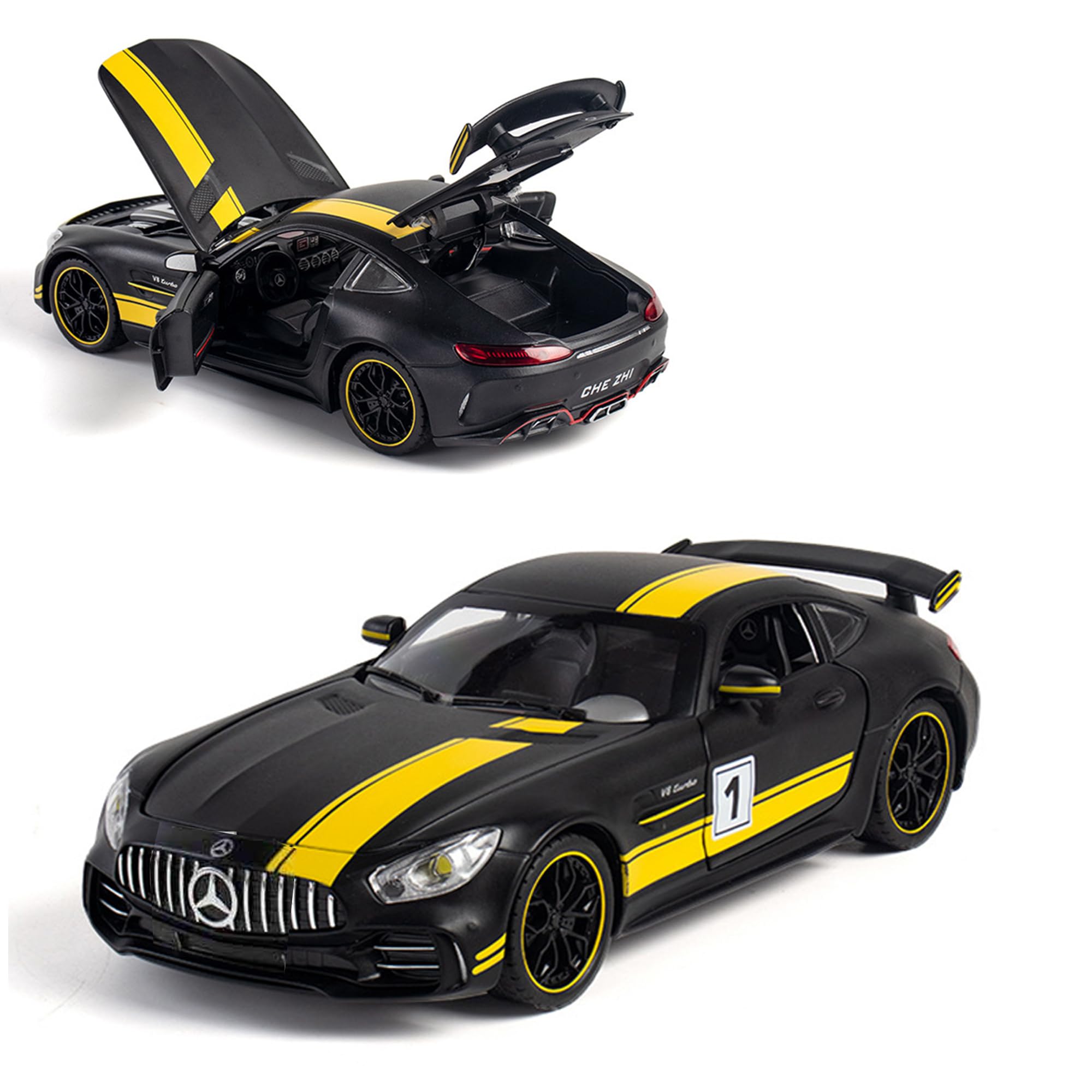 1:32 Diecast Metal Car Model | Benz AMG GTR Toy Car for Kids | Zinc Alloy Pull Back Car with Sound and Light | Gift and Collectible (Black/Yellow)