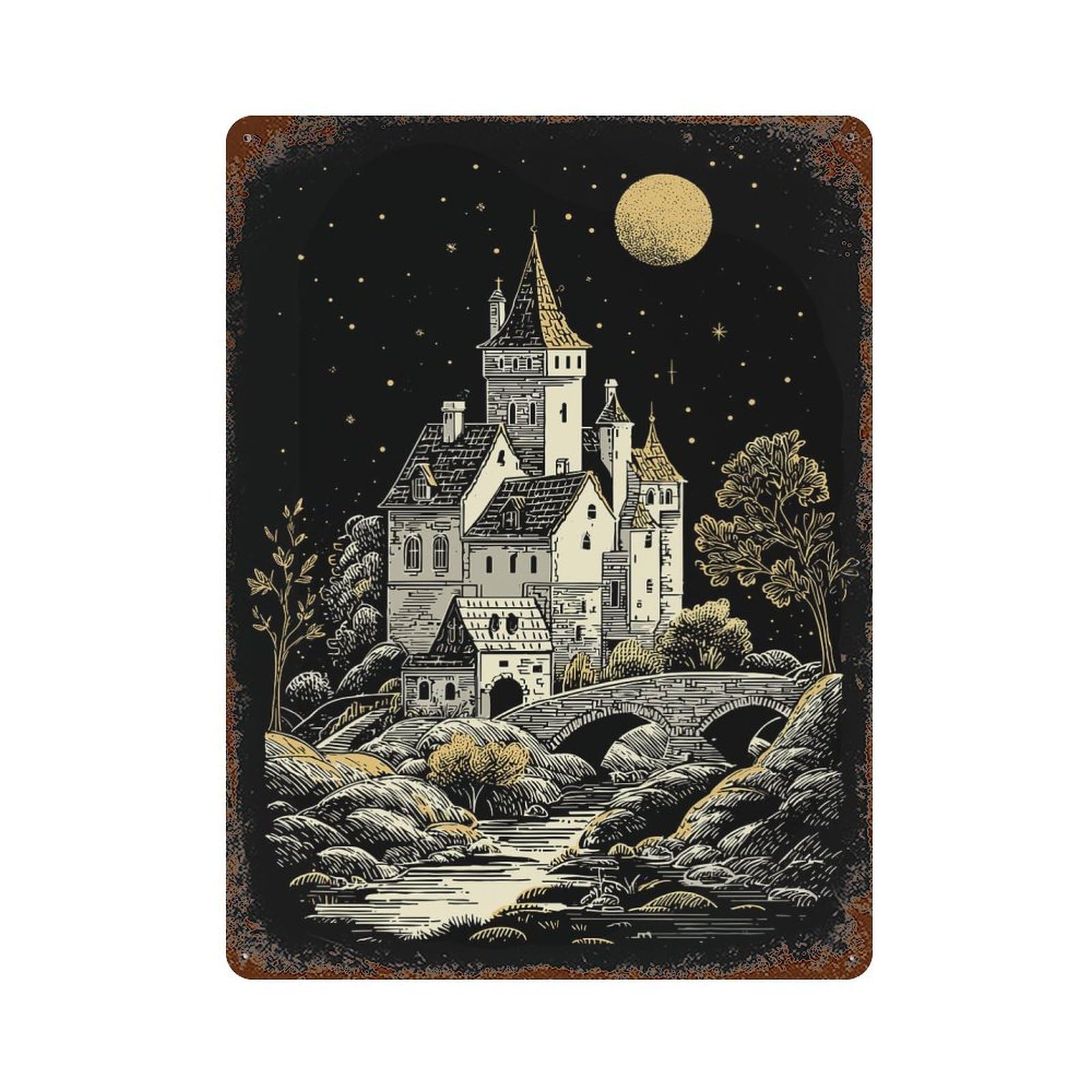 Fantasy Castle Under Moonlight Illustration Decorative Tin Sign 15.7"x11.8", Ideal for Cafe, Home Bar And Lounge Decor