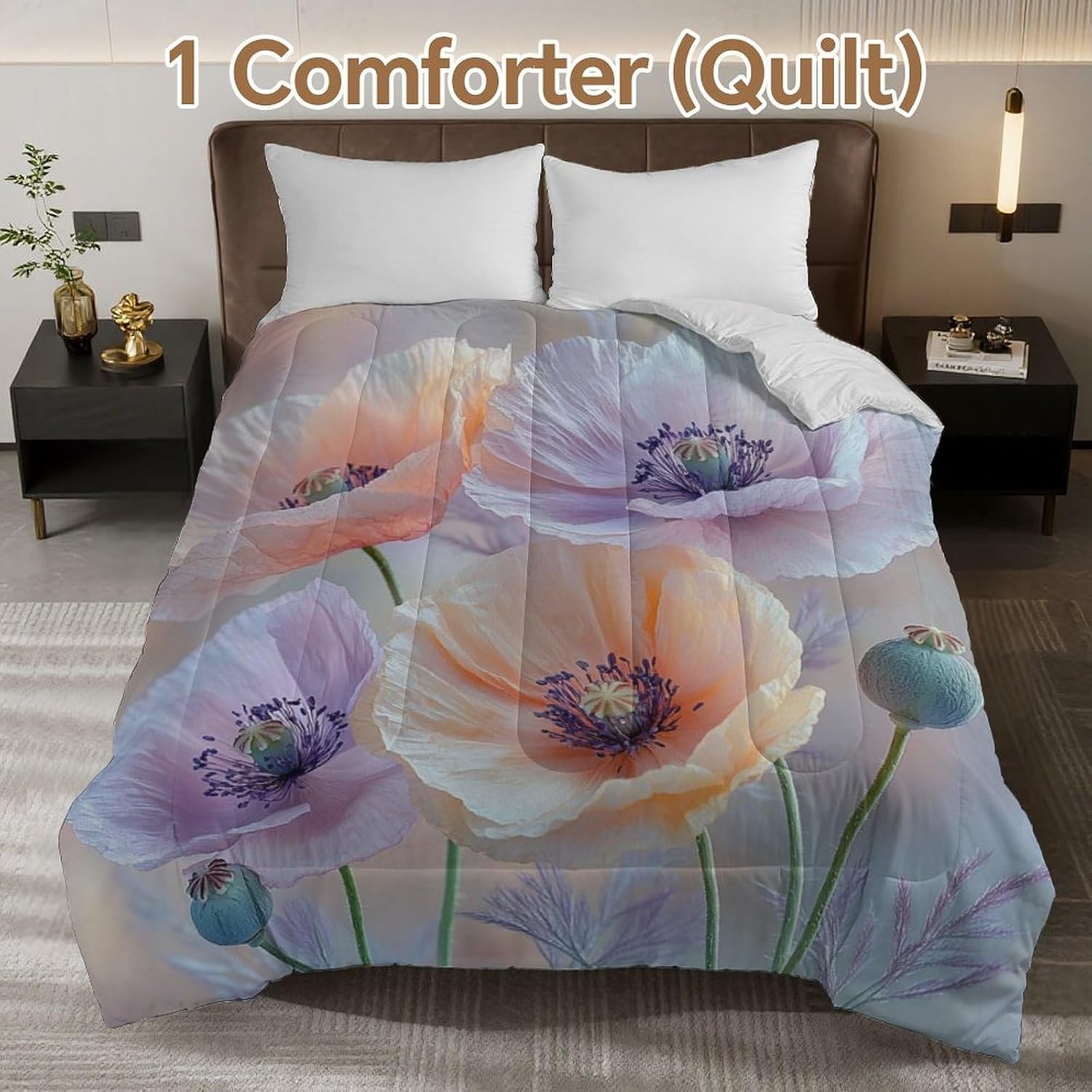 Pastel Poppies Comforter Bedding Heavy Bed Blanket Soft Warm Fluffy All Seasons Only Quilt 155x220cm
