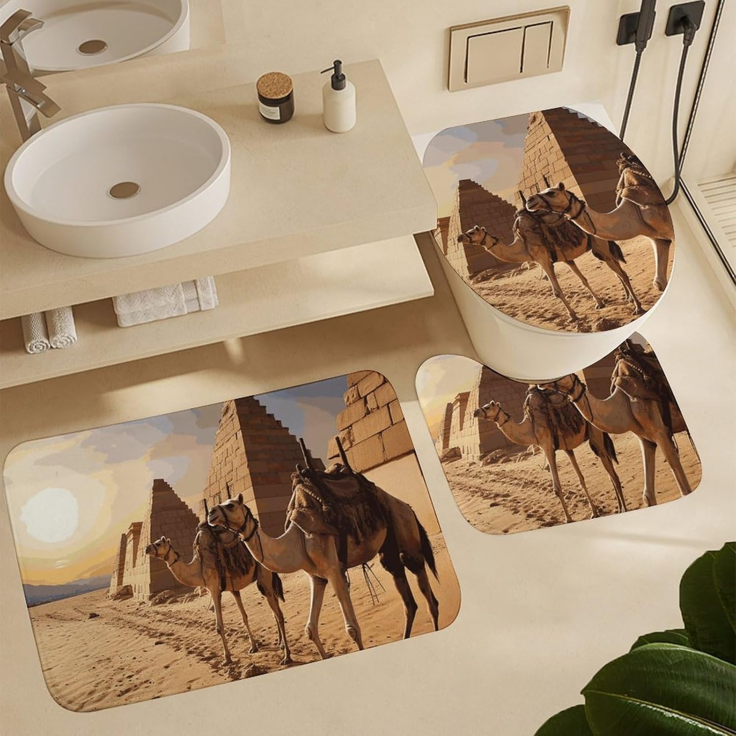 Egypt Camels Shower Curtains Set 4 Piece with Non-Slip Rugs, Toilet Lid Cover and Bath Mat Soft Bathroom Carpet Waterproof Bathroom Curtain with 12 Hooks for Bathroom Decor