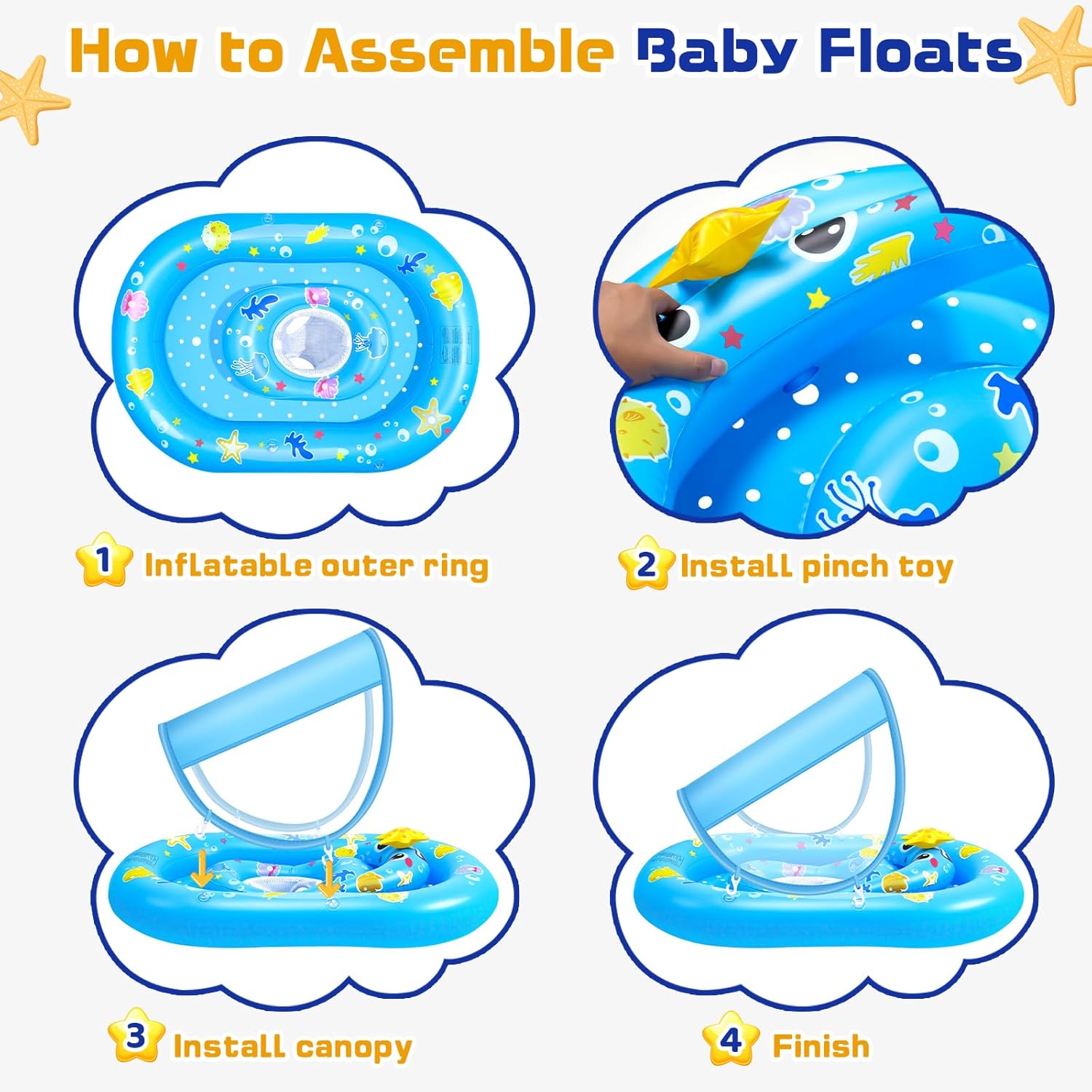 Baby Pool Float with Canopy UPF50+ Sun Protection, WJWJA Inflatable Kids Pool Floats with Adjustable Safety Seat Infant Swimming Float for Baby 6-36 Months Boys and Girls