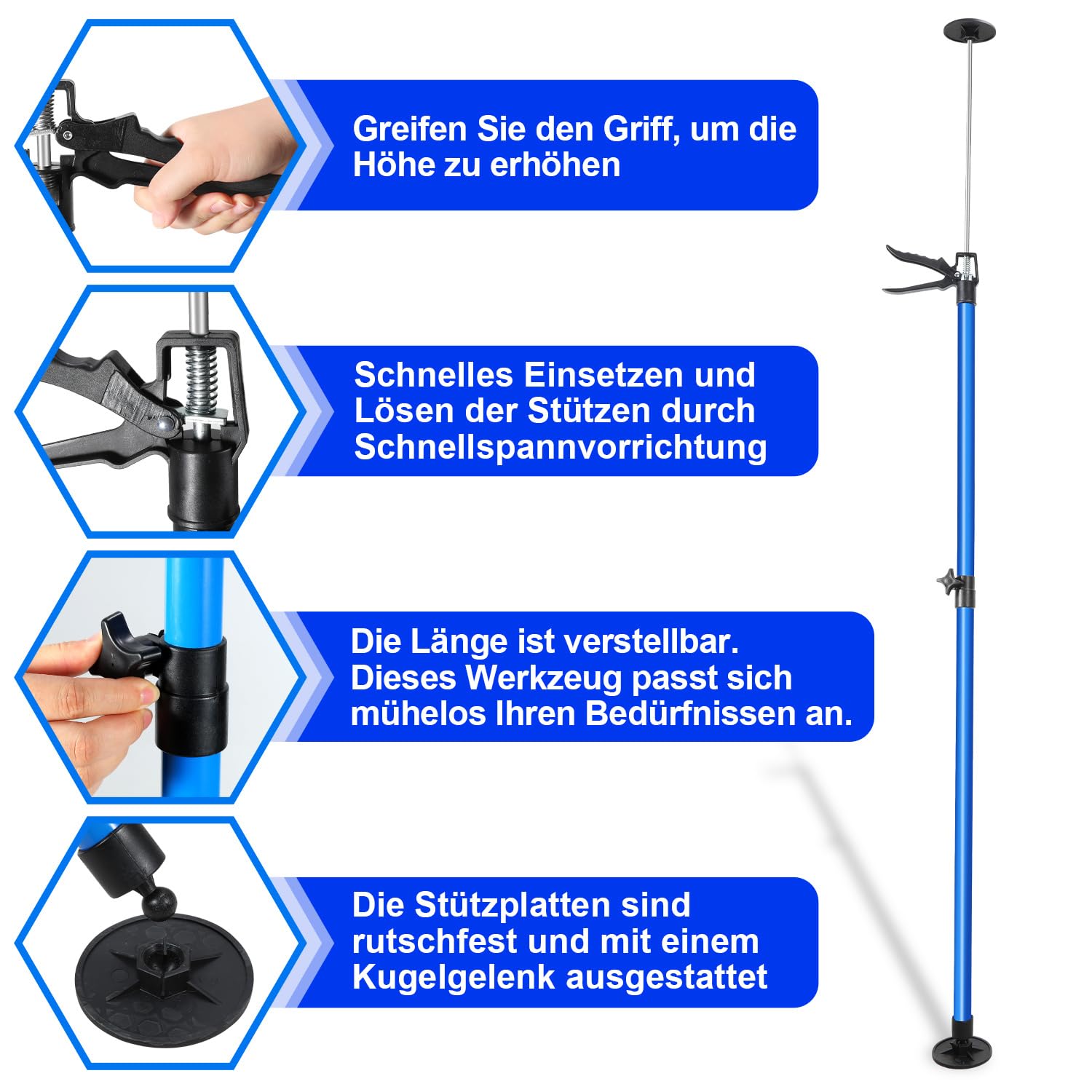 𝐉𝐚𝐱𝐠𝐮𝐨𝐦 Deckenstütze Montagestütze 4er Set, 115-290 cm höhenverstellbare Teleskopstütze, 50 kg Tragkraft, 10 cm rutschfeste Pads, Einhandstütze für Trockenbau Türrahmen