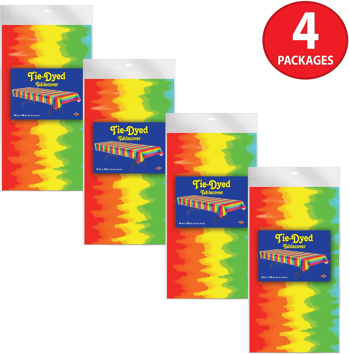 Beistle Tie-Dyed Tablecovers, 54” x 108”, Plastic Table Cloth, Rectangular Tablecloth, Table Covers for Party, Rainbow Table Cloths for Parties