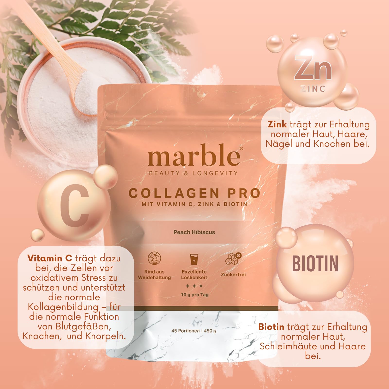 marble Poudre de collagène PRO 450 g – Poudre de collagène plus vitamine C, zinc & biotine – Peptides Skin Glow – Test sans risque pendant 60 jours – En bœuf de saule avec une solubilité parfaite