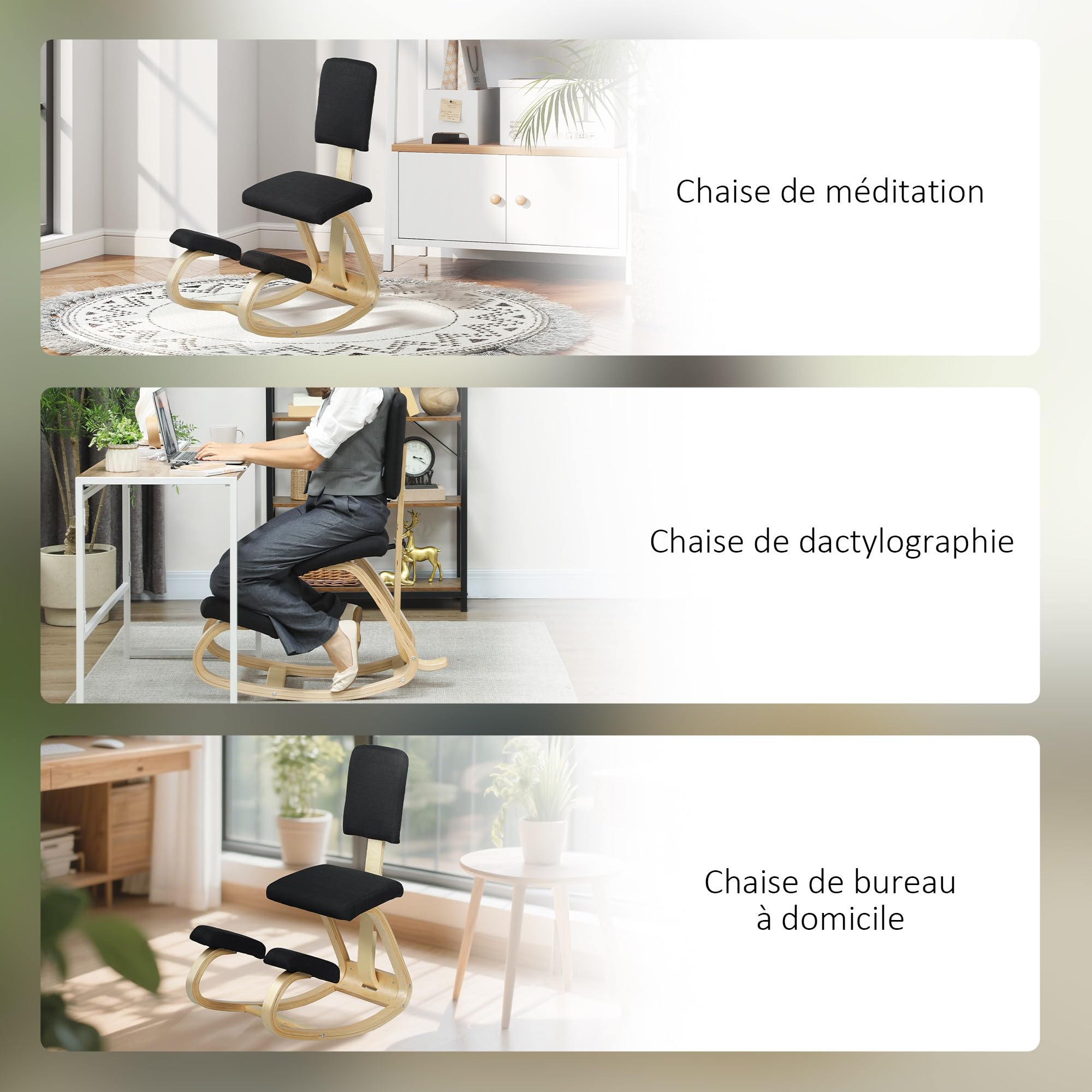 HOMCOM Chaise à Genoux Ergonomique avec Dossier, siège Assis Genoux à Bascule, Tabouret Ergonomique, Tabouret Bureau orthopédique, correcteur de Posture, soulager Les douleurs au Dos, Noir