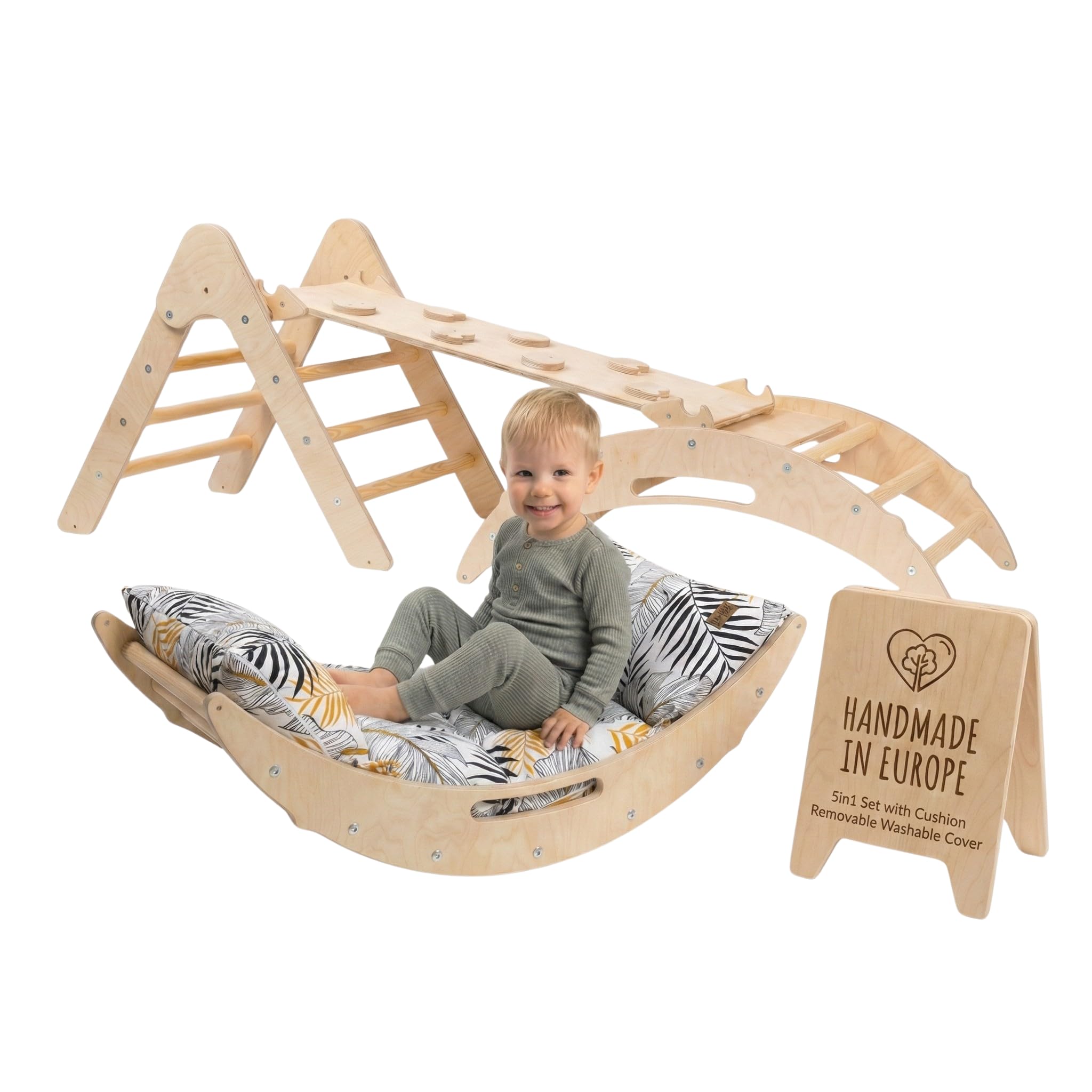 WoodsCraft Montessori Kletterset 5in1 Kletterdreieck Kletterbogen mit Kissen Rutsche Rampe Holz Klettergerüst Indoor Spielgeräte