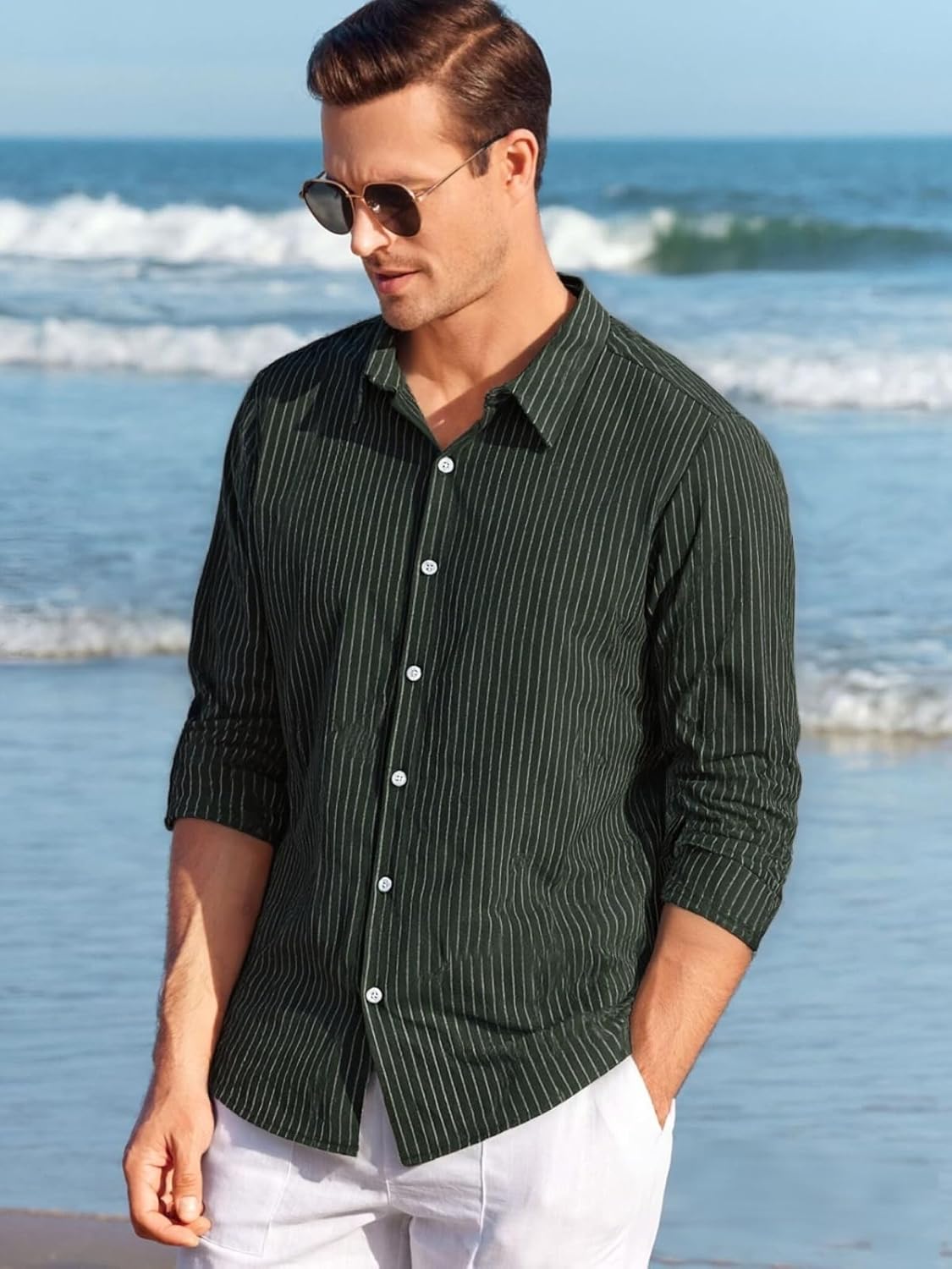 BAYAMO Men's Button-Down Striped Shirts Casual Long Sleeve Cotton Linen Collared Shirts Fashion Business Dress Shirt - Image 3