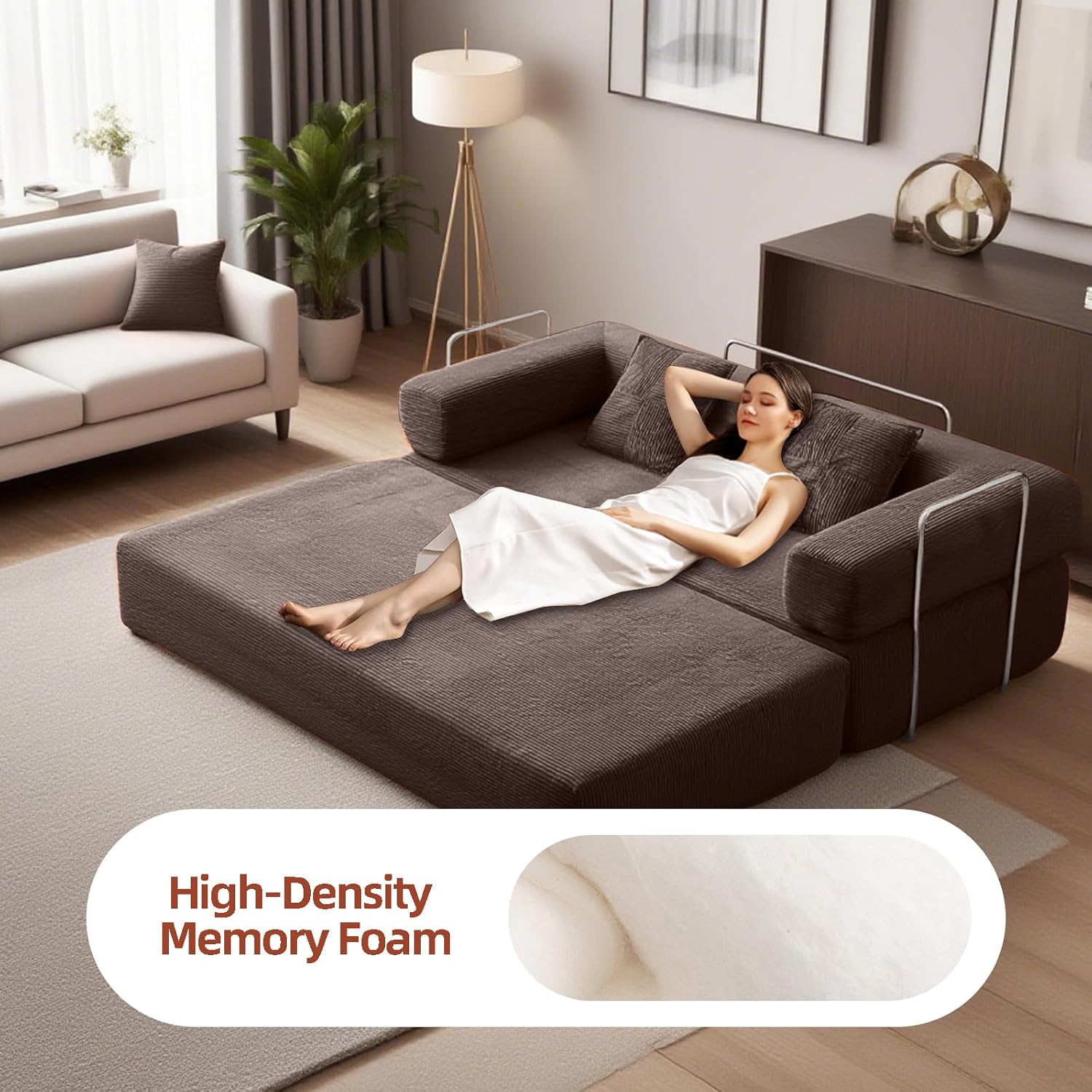 79" Convertible Sofa Bed with 2 Pillows, Fixed-Shape Frame, Removable Armrests, Corduroy Boneless Futon Sofa Bed, Modular Foldable Sleeper Couch for Living Room, Bedroom, Dorm (Coffee)