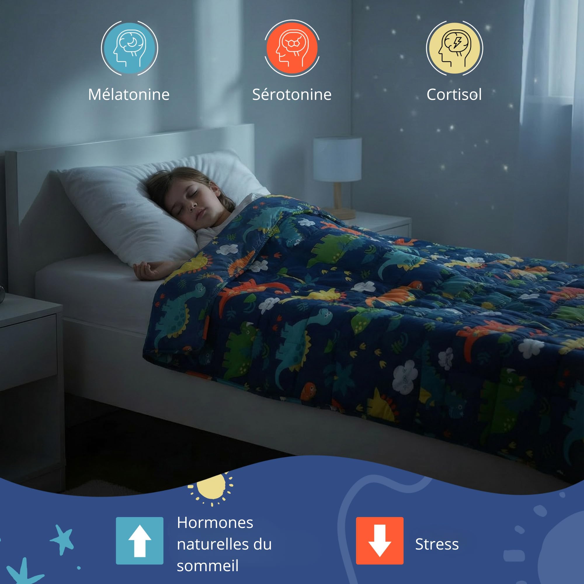 Vonia Couverture Lestée Enfant 3,2 kg Weighted Blanket - 104x152 cm Motif Dino, 100% Coton Respirant, Housse Amovible Lavable, Améliore Sommeil, Dès 3 Ans, Bleu