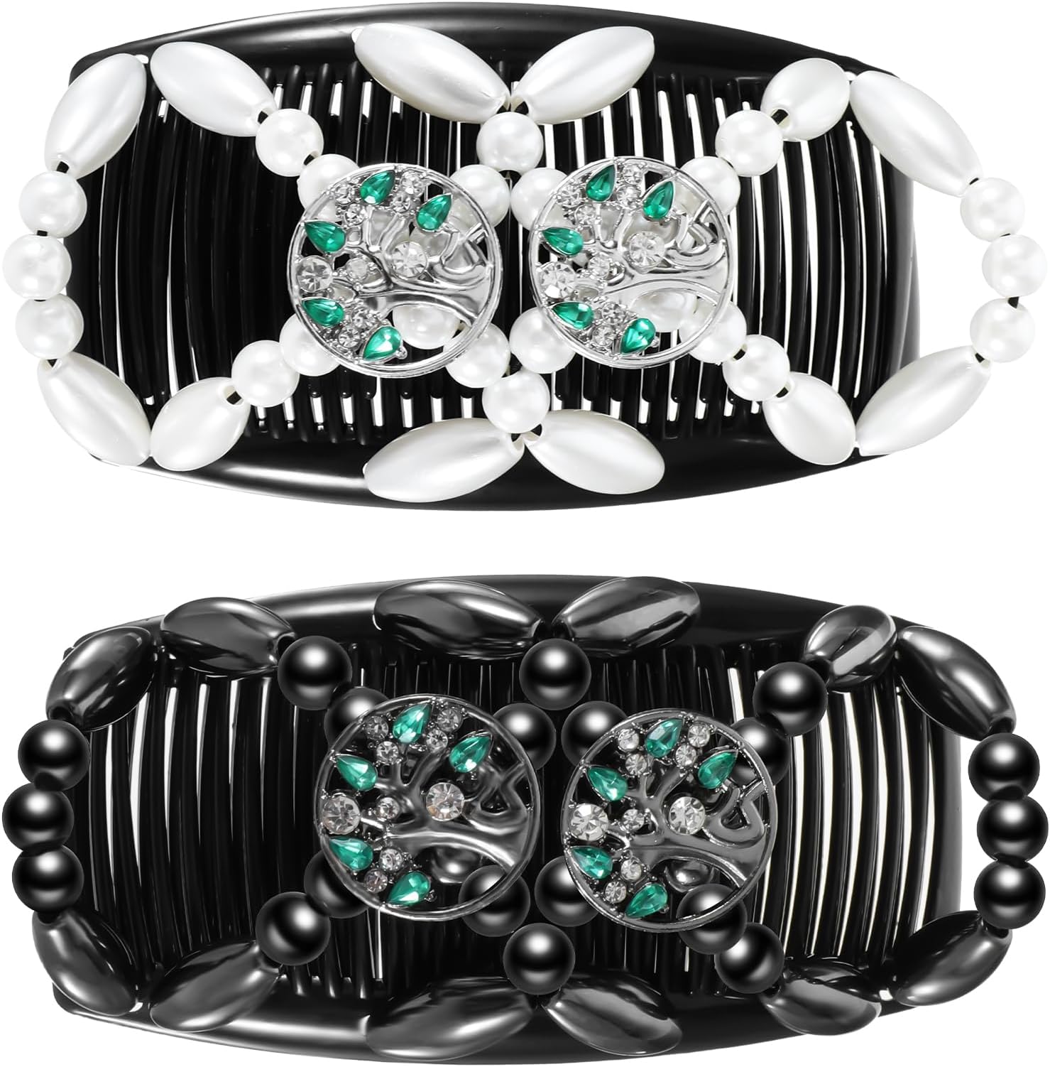 JIEYAO2 Pcs Double Hair Comb Clips, Stretchy Magic Hair Combs, Elastic Wood Beaded Hair Bun Fashionable Stretchy Hair Clip for Women Girls Hair Accessories DIY Hairstyle Curly Thick Wavy Hair