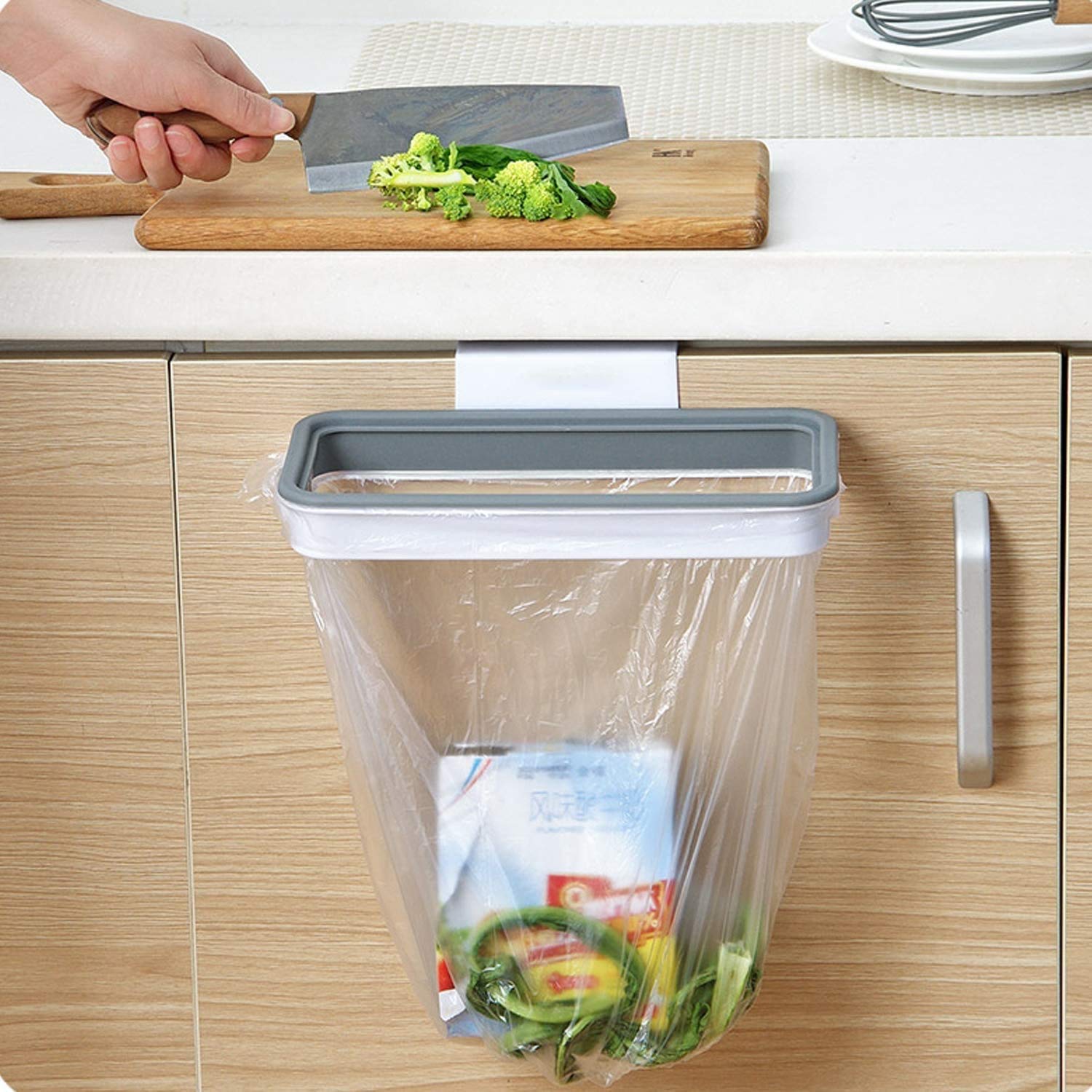 Plastic Attachable Kitchen Cupboard Hanging Trash Garbage Bag Holder, White-image-46