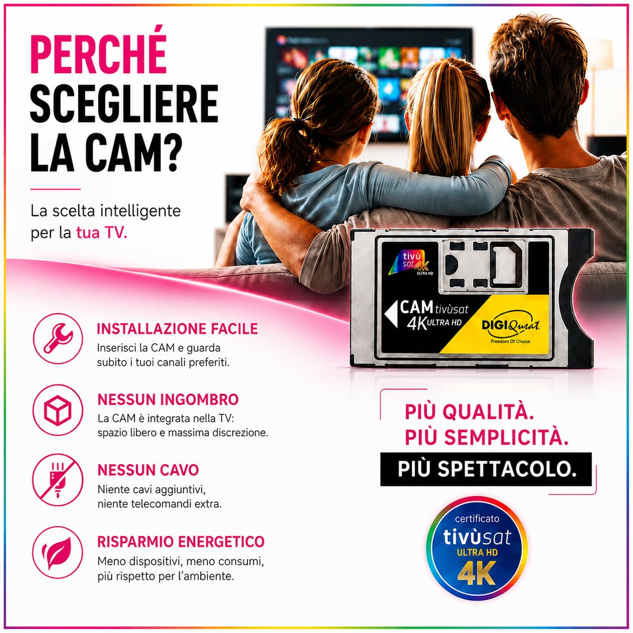 DIGIQUEST CAM tivùsat 4K Ultra HD certificata |Accesso ai canali HD e 4K | Facile installazione | Ideale per amanti di cinema e sport